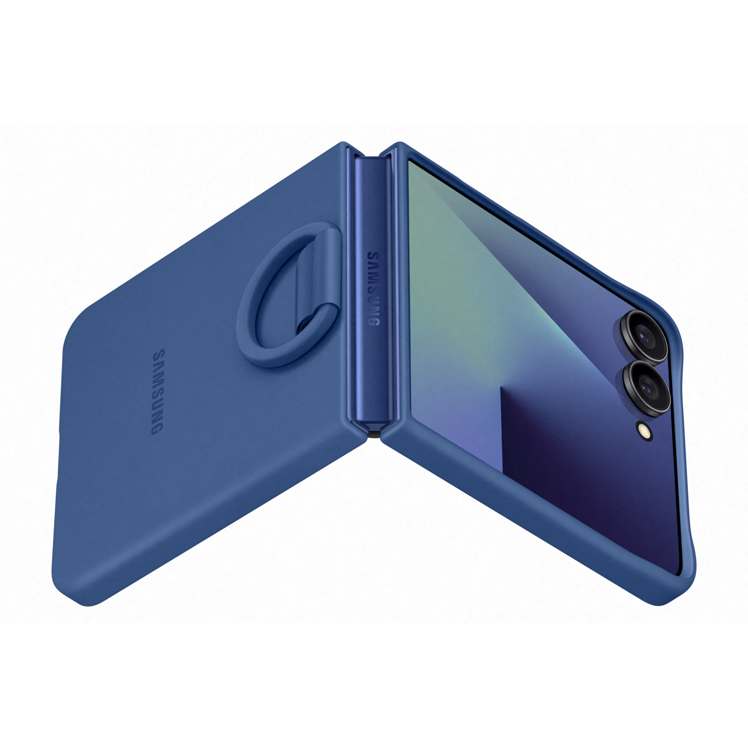 Blue Samsung phone case, open, displaying the phone. The case has a ring grip. Samsung logo visible on the case.