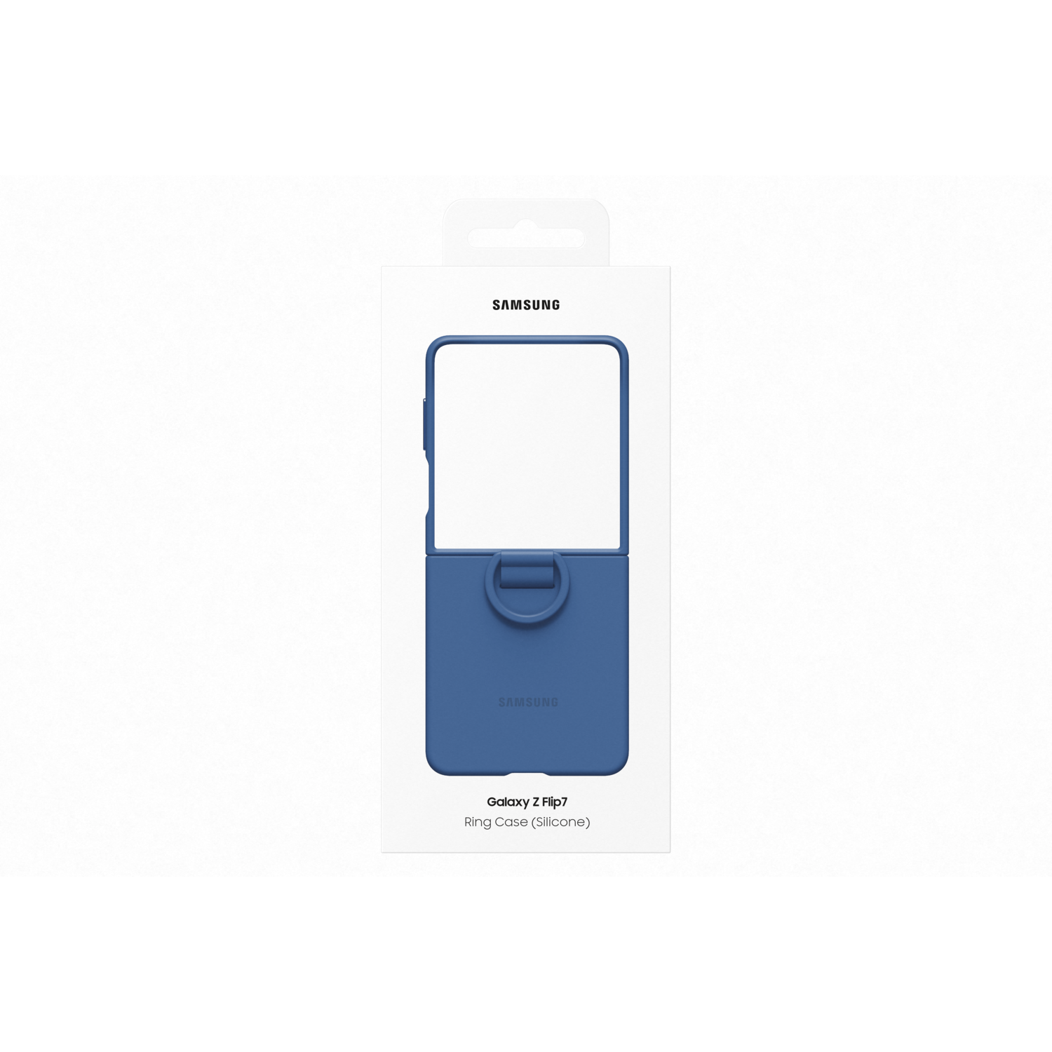 A blue Samsung Galaxy Z Flip7 ring case on a white box. The background is black.