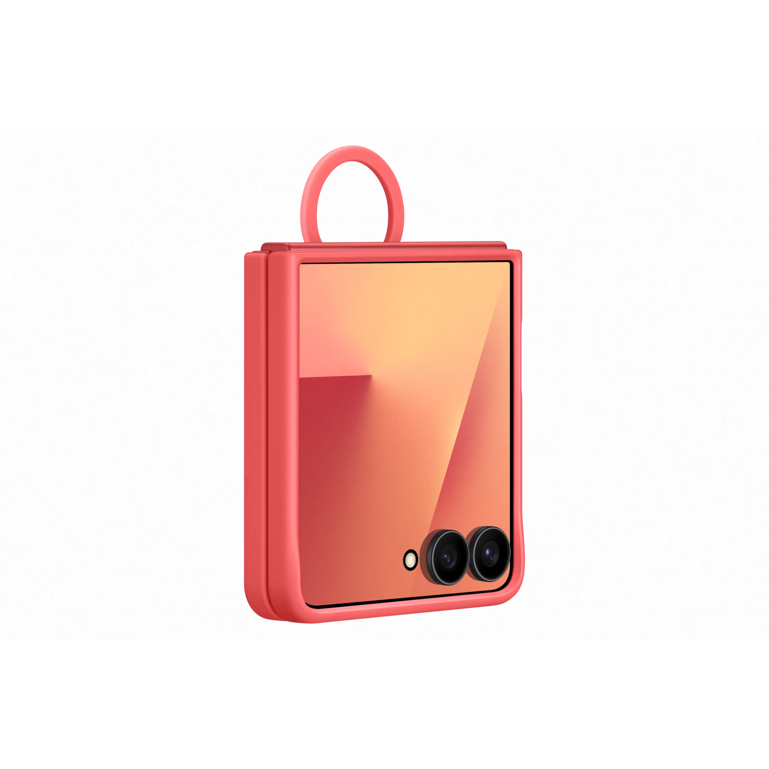 A coral pink phone case with a loop. It has a gradient display and two black camera lenses on the back.