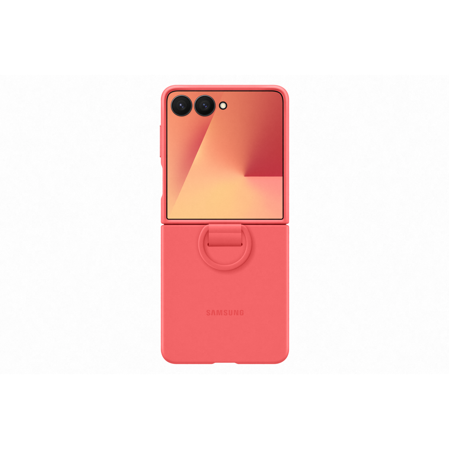 A coral-colored Samsung phone in a case, open halfway. The screen shows an abstract gradient design. The Samsung logo is visible.