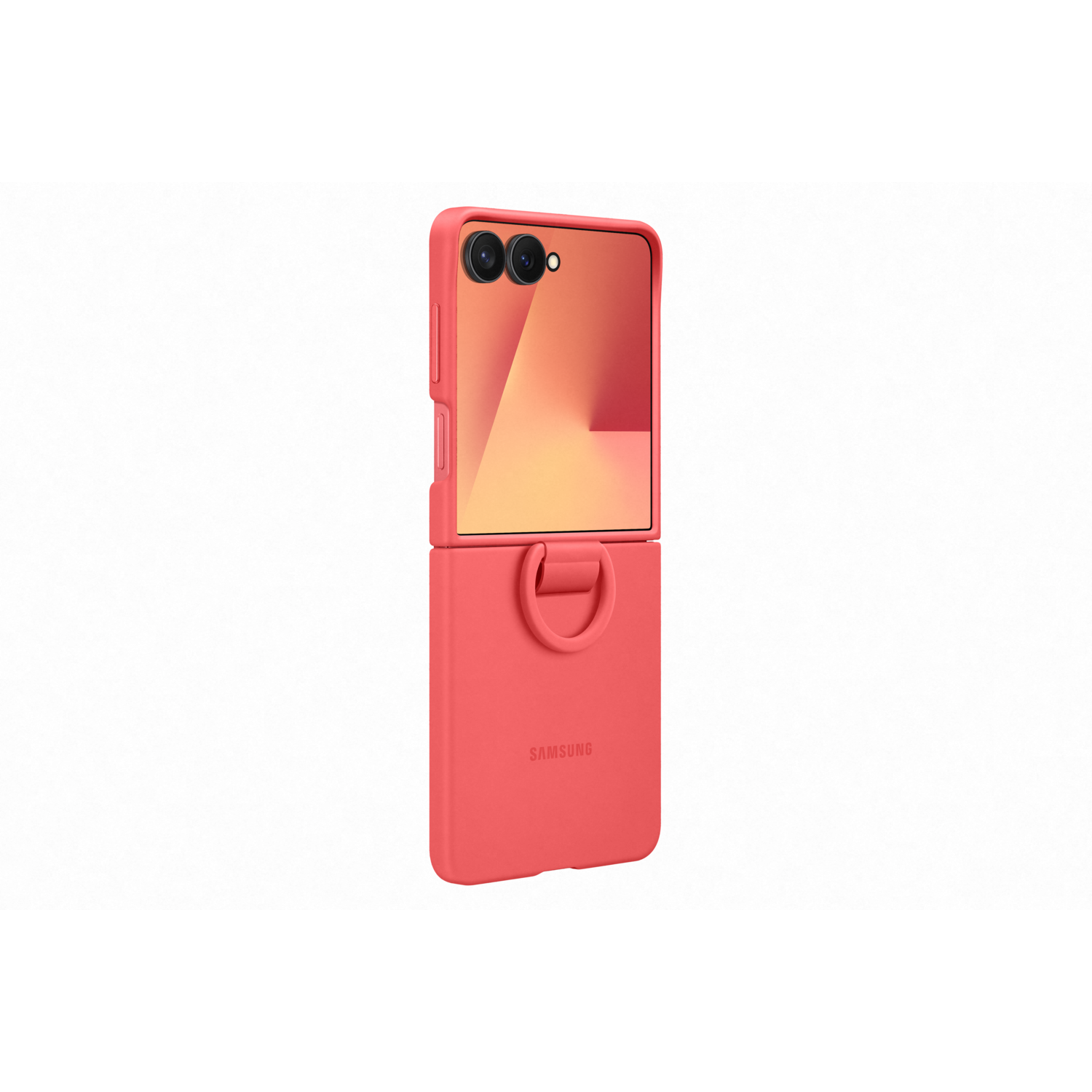 Red Samsung phone case, open, on white background. The case is open, showing a screen and camera. The Samsung logo is visible.