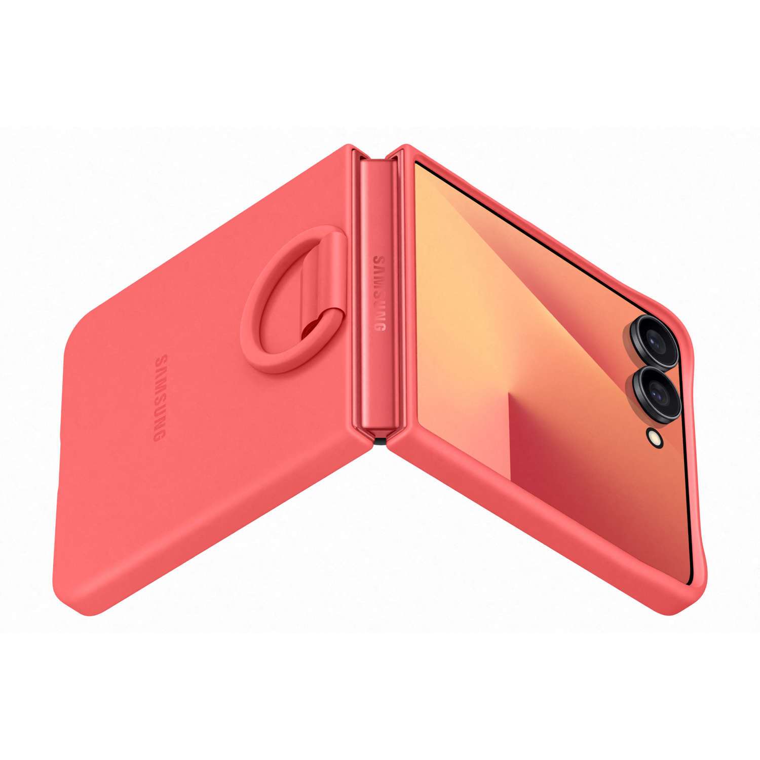 A coral-colored Samsung foldable phone, opened. The screen shows an orange gradient. The phone has a ring for grip.