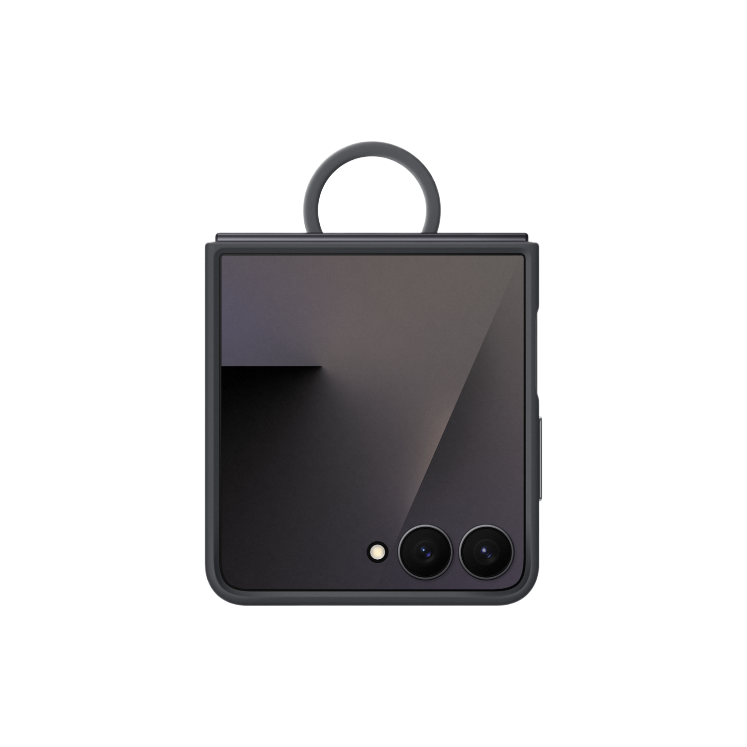 Een opgevouwen, donkerpaarse smartphone met een handvat staat centraal op een zwarte achtergrond. Het heeft twee camera's en een flitser.