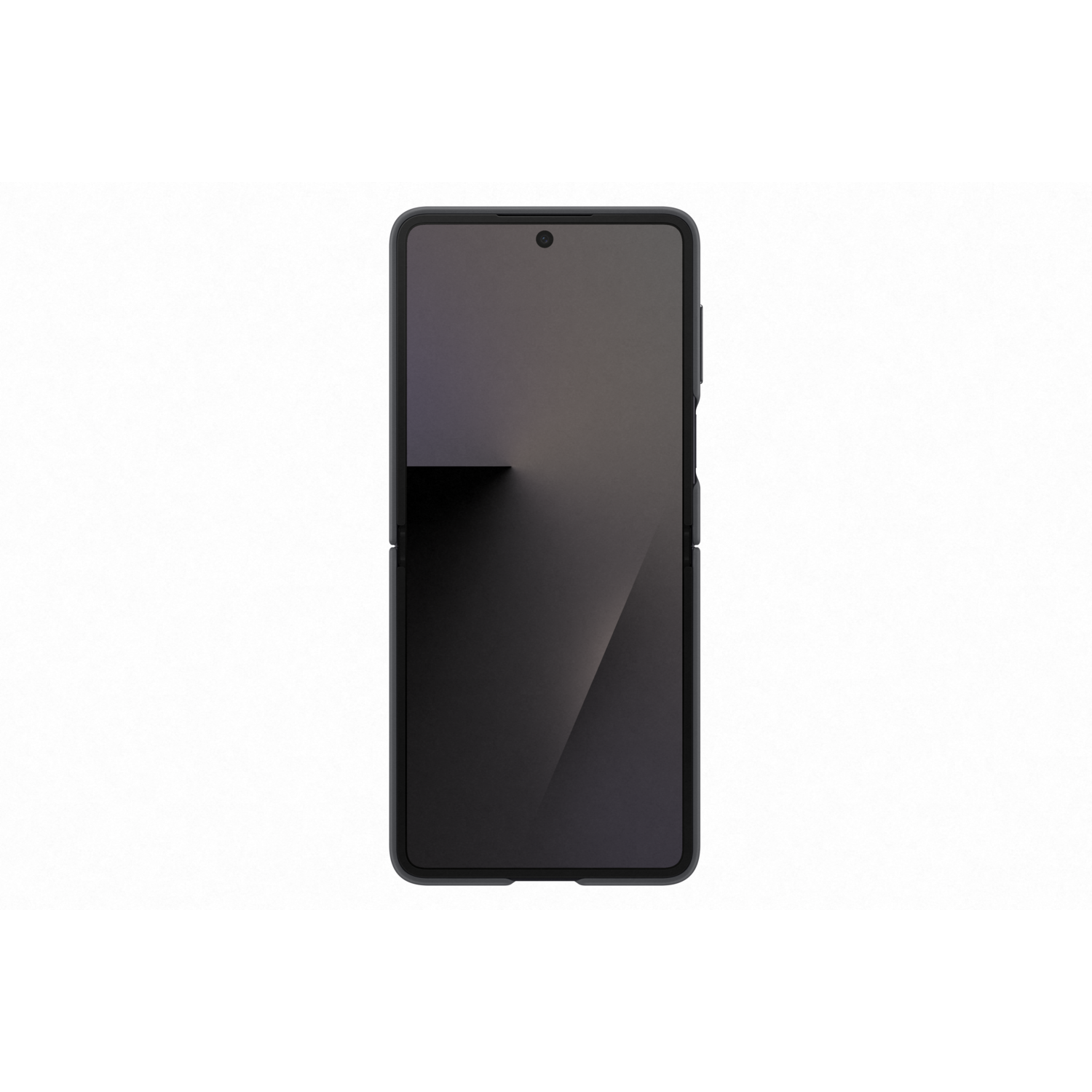 A black foldable smartphone is centered on a white background. The screen is dark gray, and the phone is open.