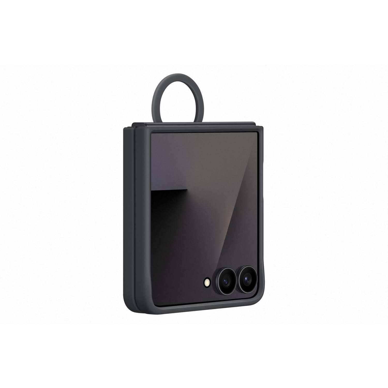 A black foldable phone with a dark screen. It has a loop at the top and two camera lenses, set against a white background.