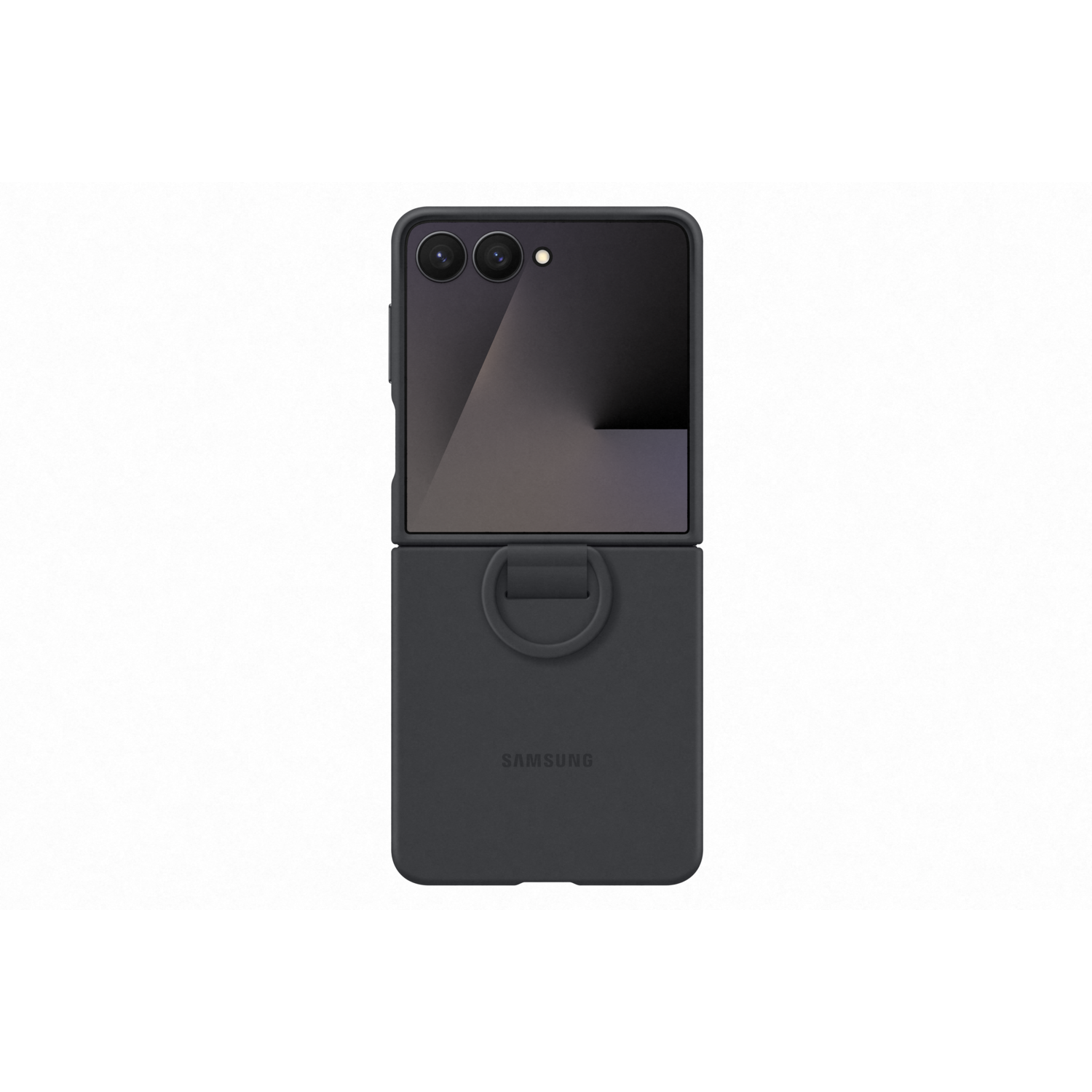 A dark gray Samsung Galaxy Z Flip phone in an open position. The phone is on a white background. The case is open.