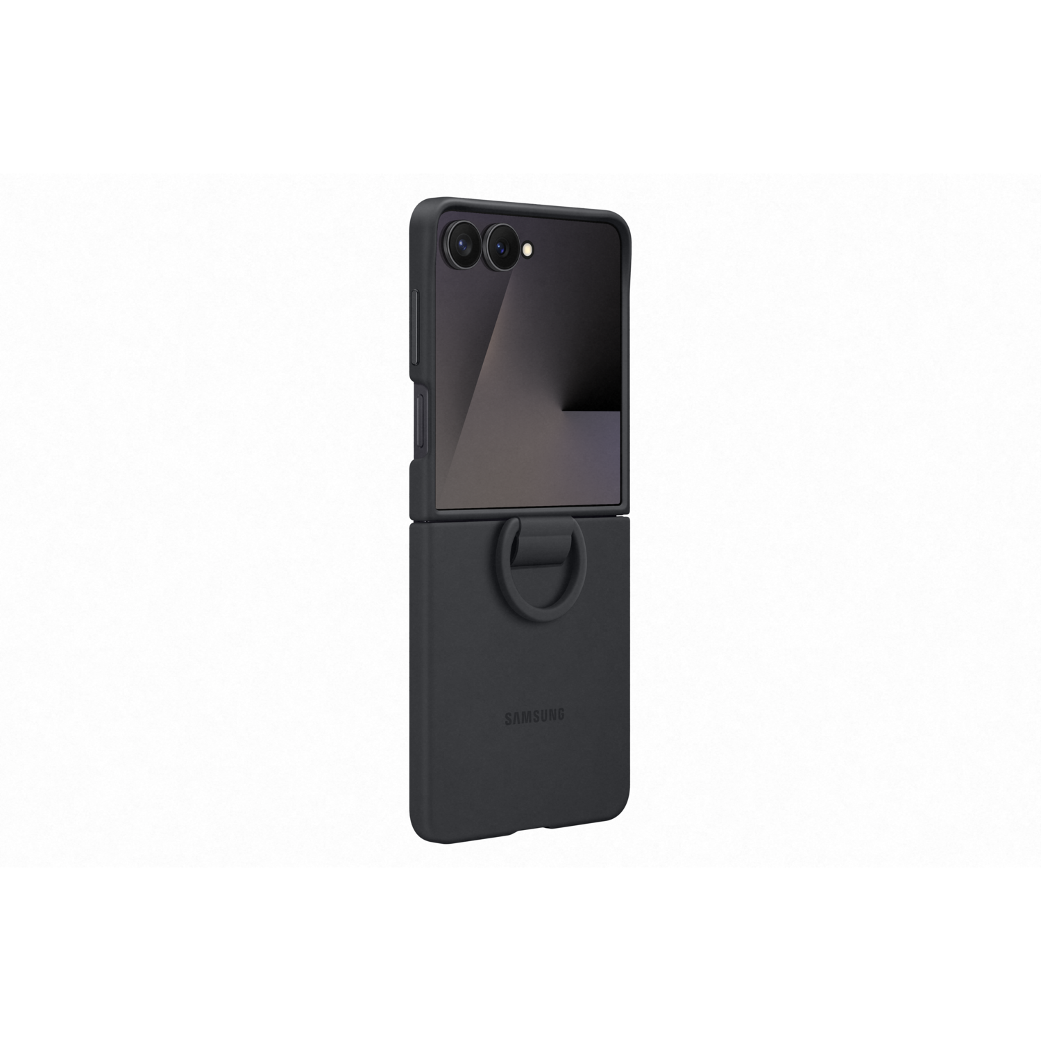 A black Samsung phone in a case is displayed. The phone is open, showing the screen. A ring is on the bottom of the case.