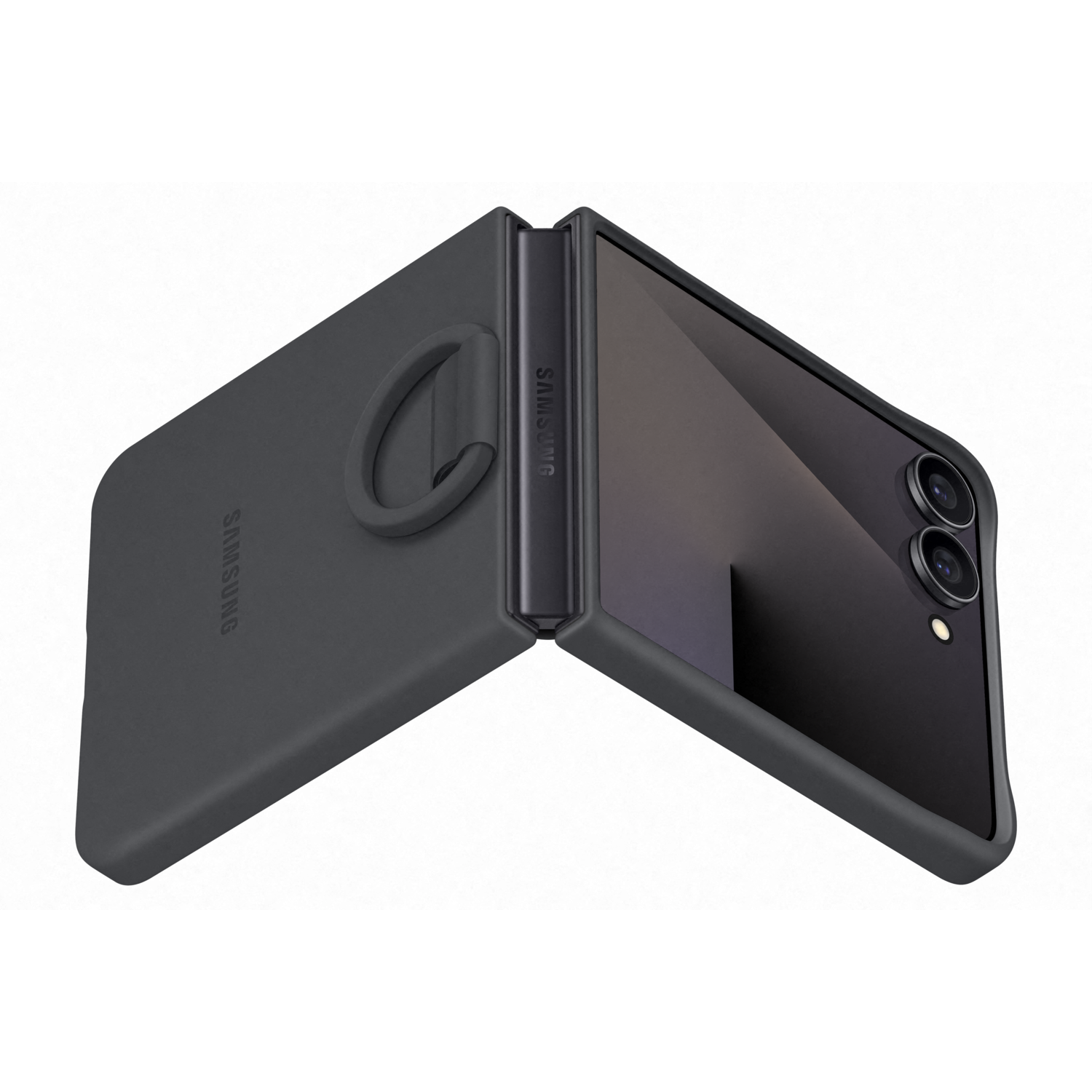 A dark gray Samsung phone case, partially open, with the Samsung logo visible. A ring is attached for grip.