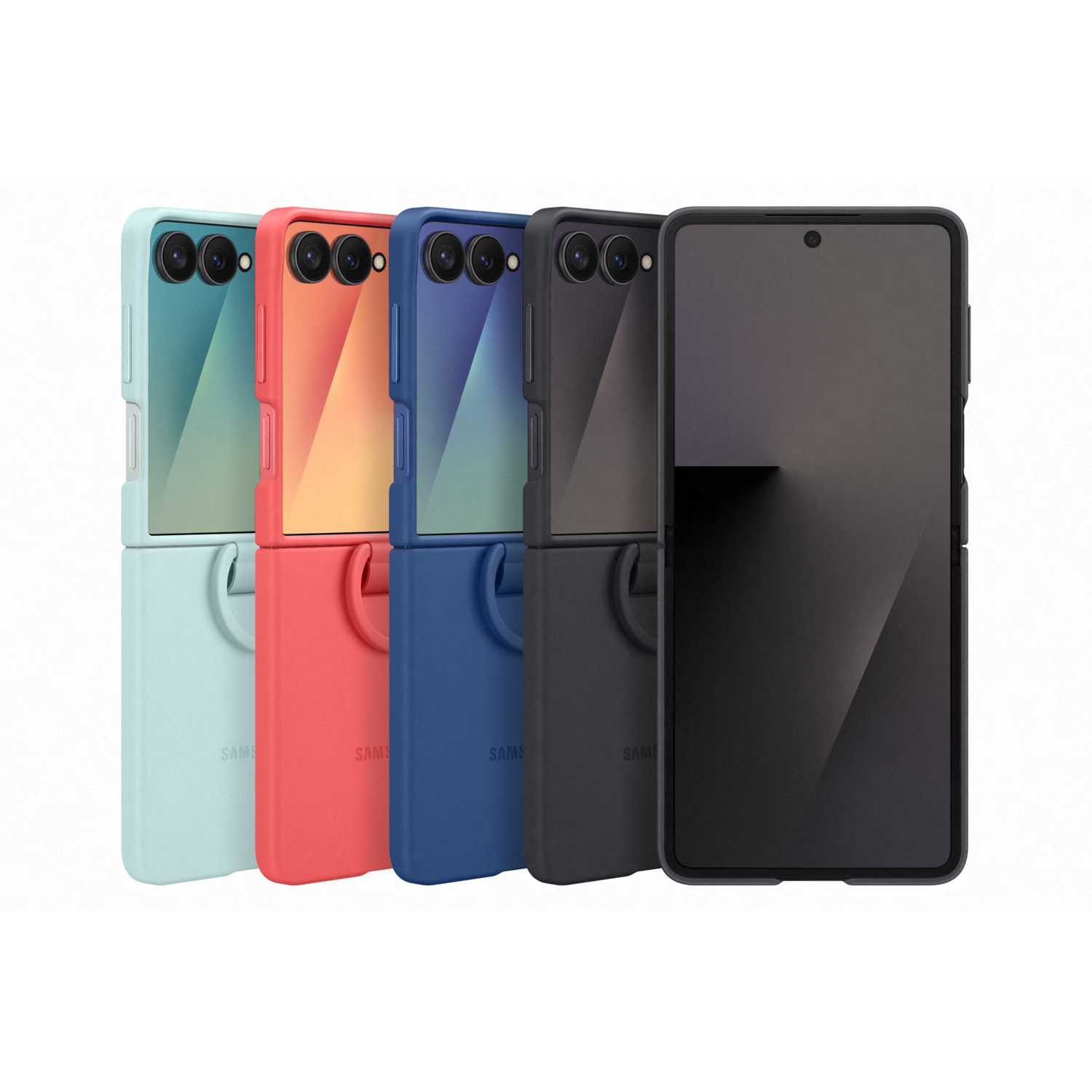 Five Samsung Galaxy Z Flip phones in various colors are displayed open and closed. Cases are attached. The background is white.