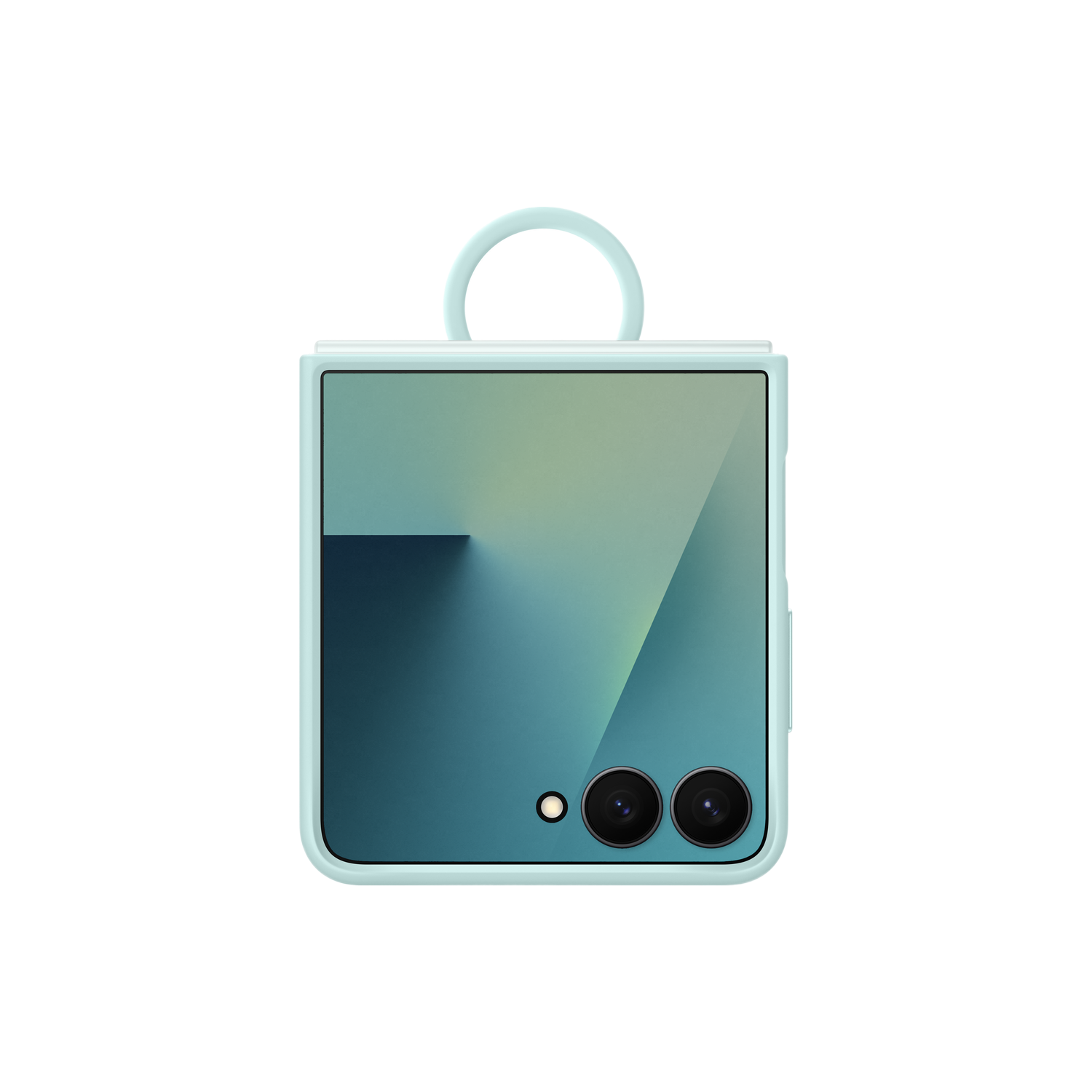 Foldable phone, teal case, black background. Dual cameras and a round button are visible. A loop is at the top.