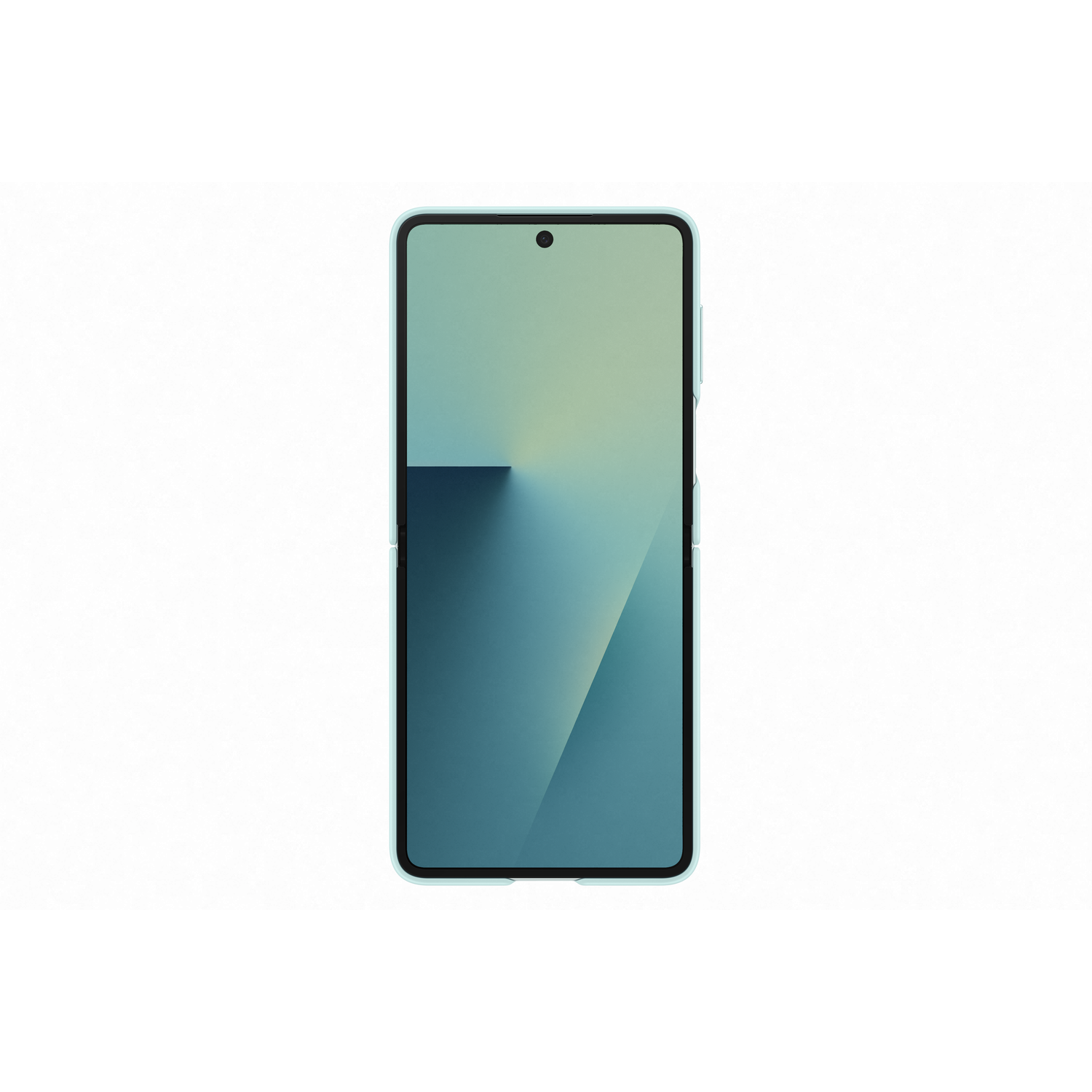 A smartphone with a light blue case, with a display showing a gradient of light green and blue. The background is white.