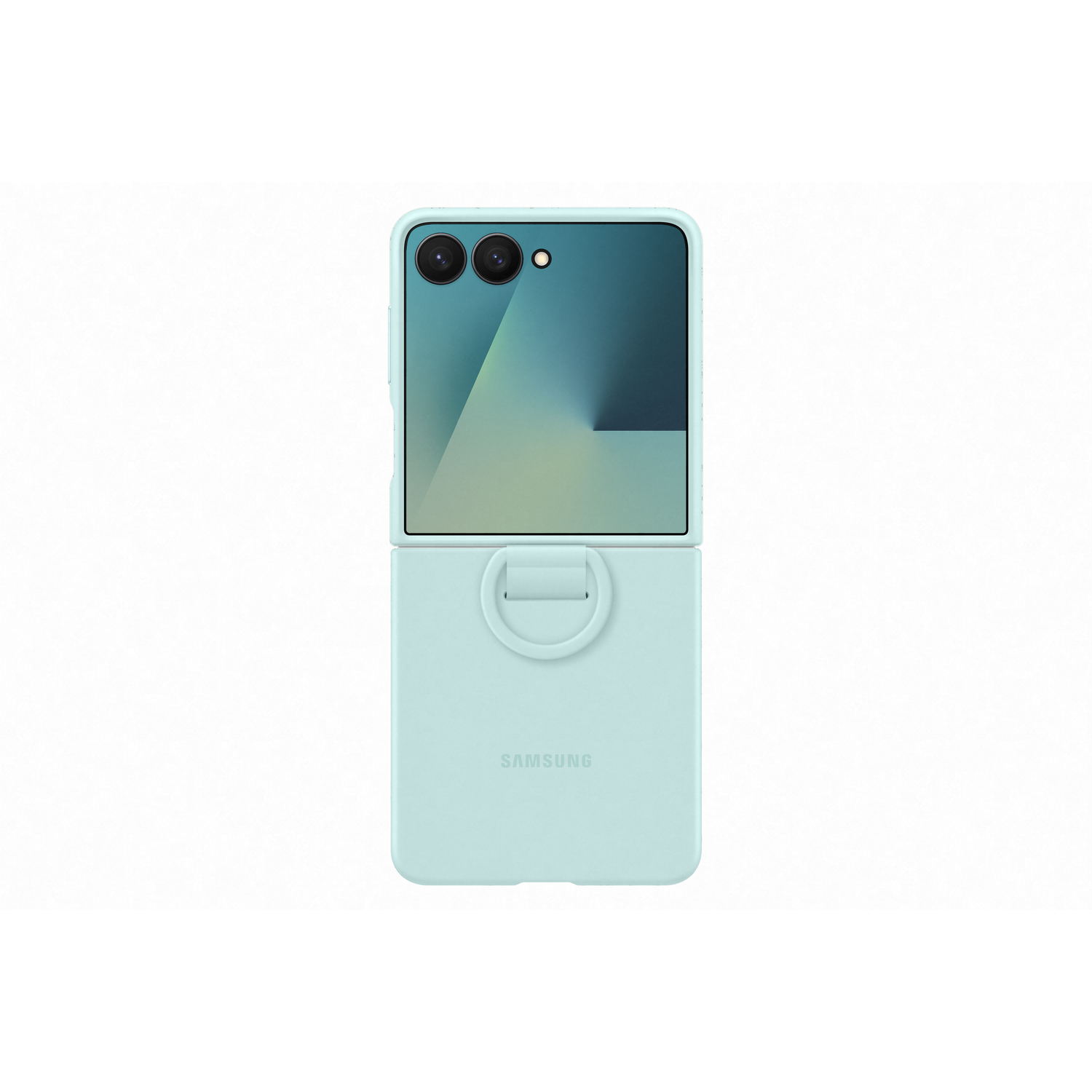 A light blue Samsung phone case with a ring and camera cutouts, the phone is folded. The background is white.