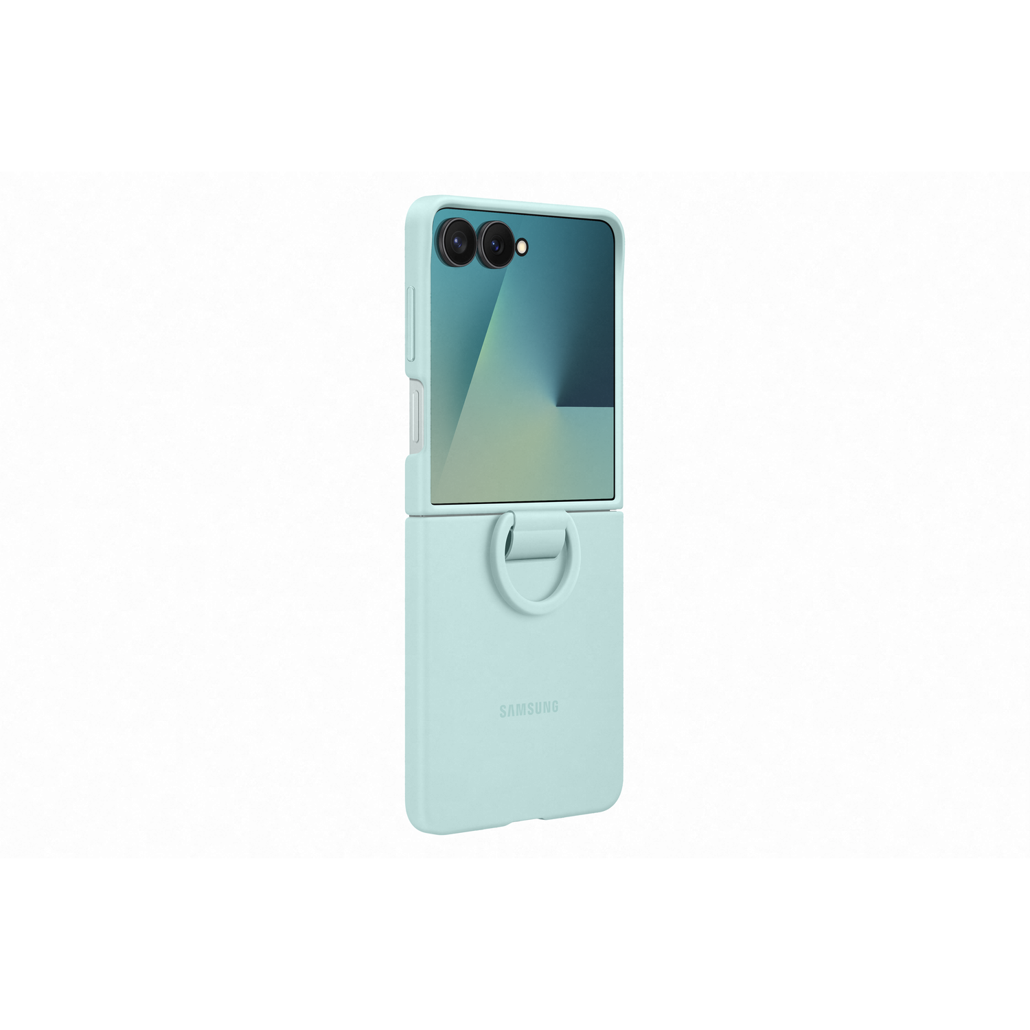 A light blue Samsung phone in an open position. The phone has a light blue case with a ring. The background is white.