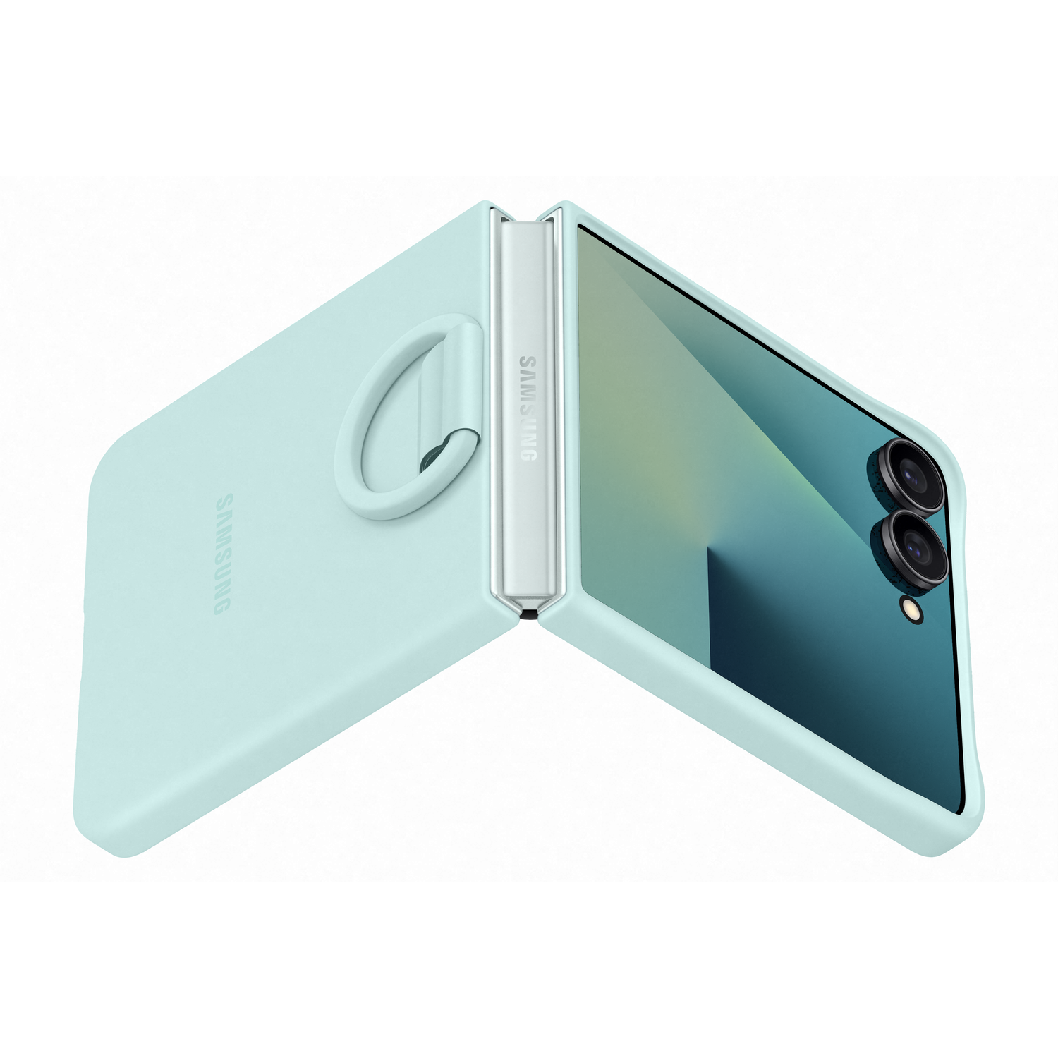 A light blue Samsung foldable phone is partially open. It has a ring grip. The screen is visible with a gradient.
