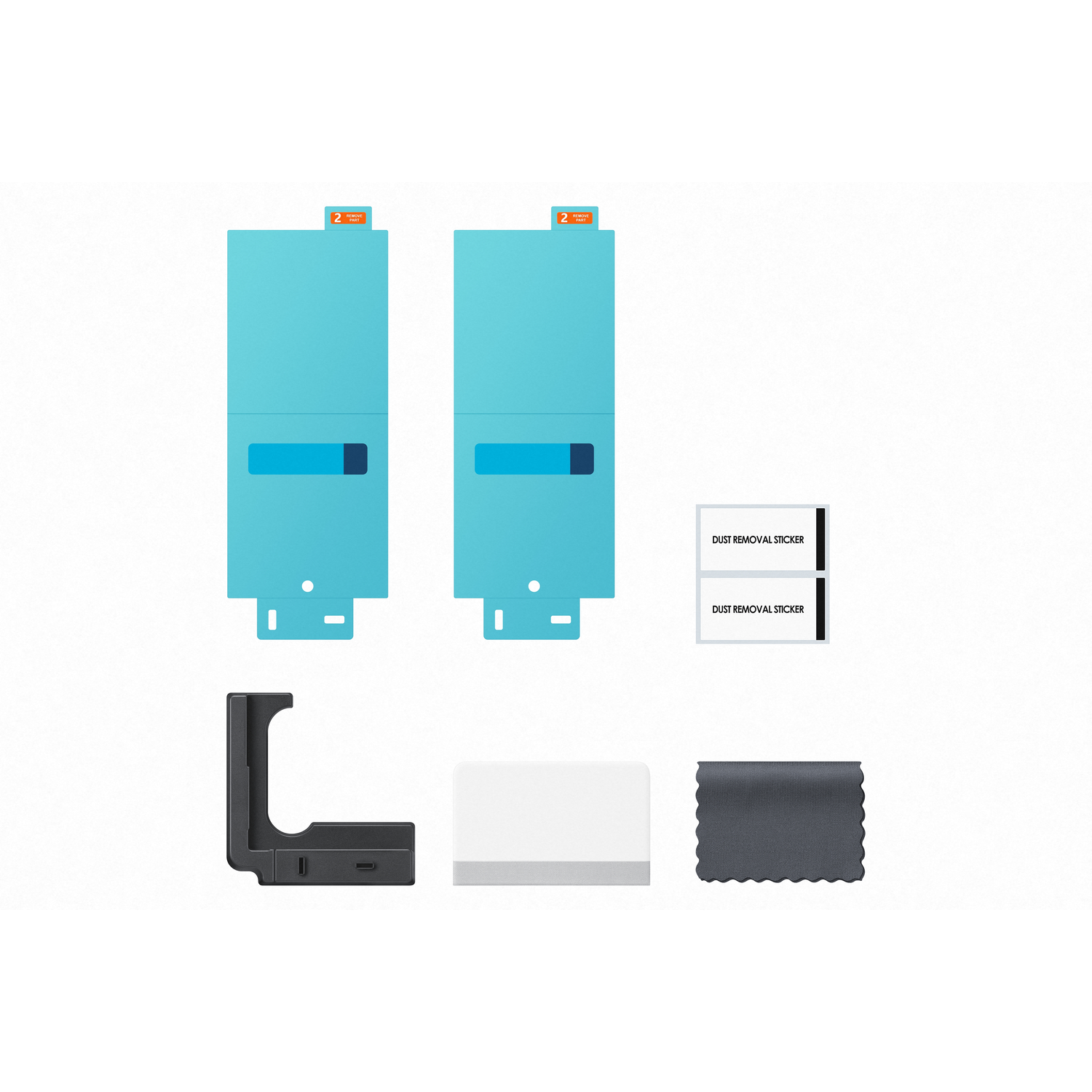 The image displays screen protectors, dust removal stickers, a charging dock, a cleaning tool, and a microfiber cloth on a white background.