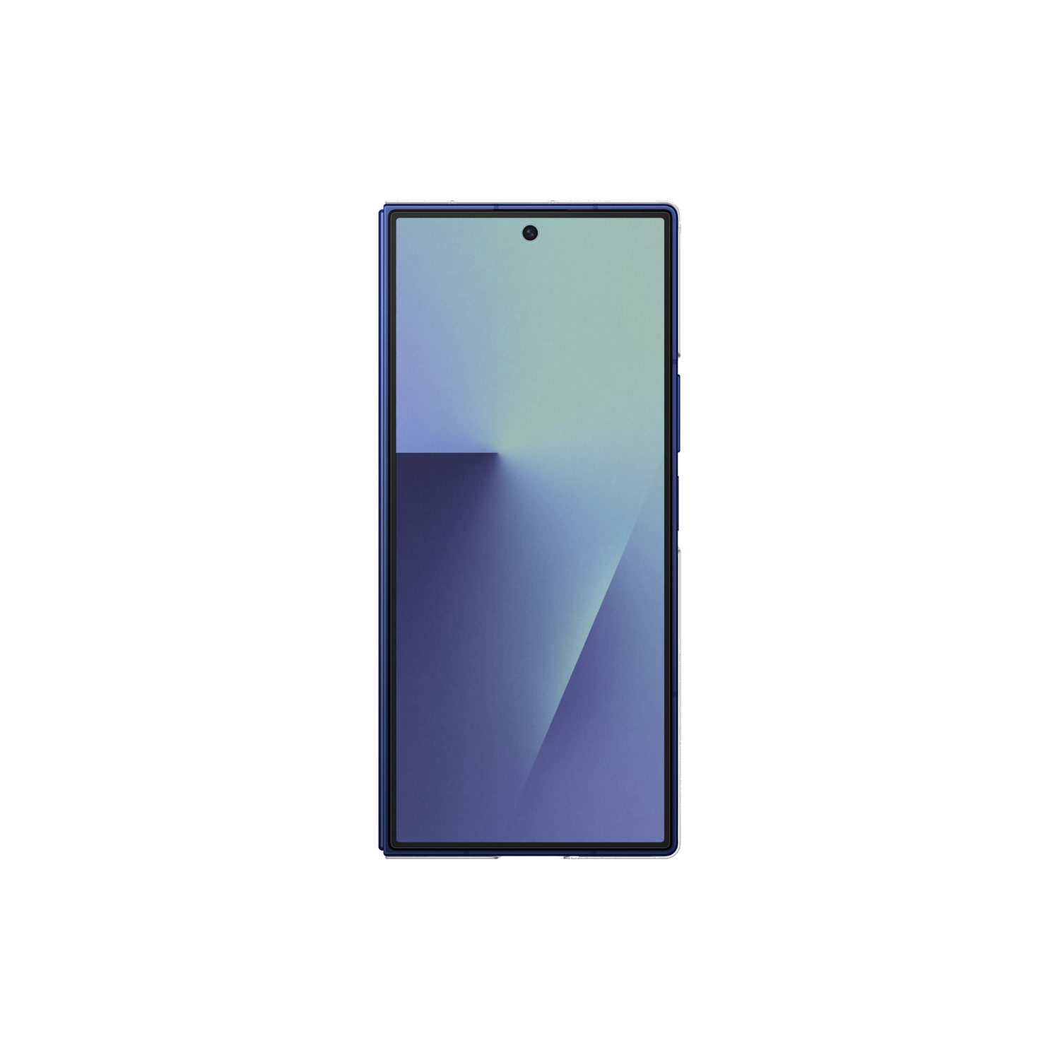 Een smartphone met een blauw frame en een scherm met verloop, tegen een zwarte achtergrond. Het scherm toont blauw- en groentinten.