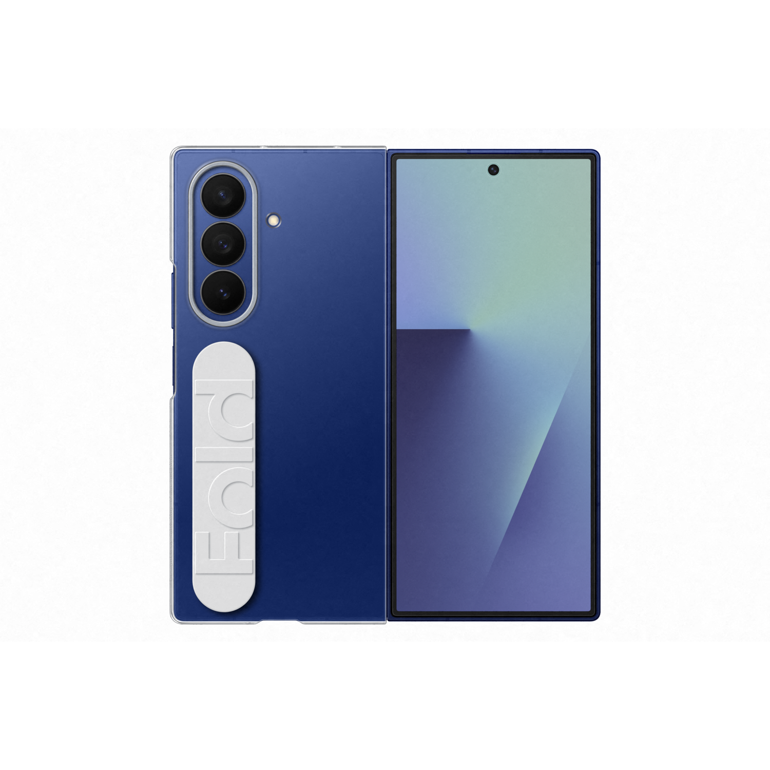 Blauwe opvouwbare telefoon. Drie cameralenzen aan de achterkant, witte band met "FOLD" tekst. Display toont kleurverlopen.