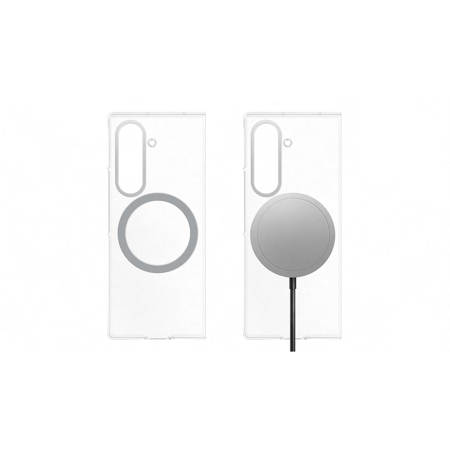 Deux coques de téléphone transparentes. L'une a un anneau magnétique. L'autre a un chargeur magnétique argenté avec un câble noir.