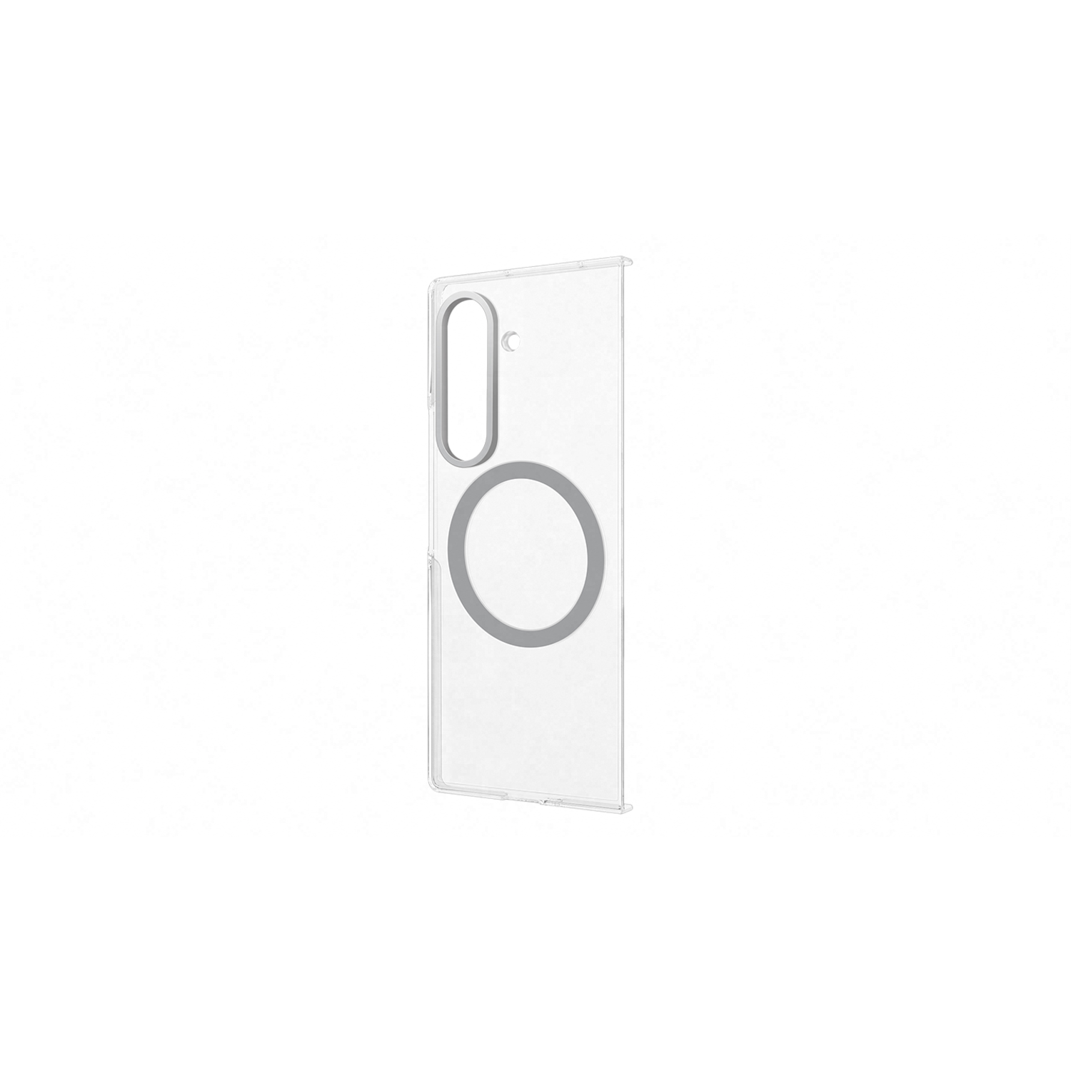 Une coque de téléphone transparente avec une découpe pour l'appareil photo et un anneau magnétique circulaire. L'étui est sur fond blanc avec des bordures noires.