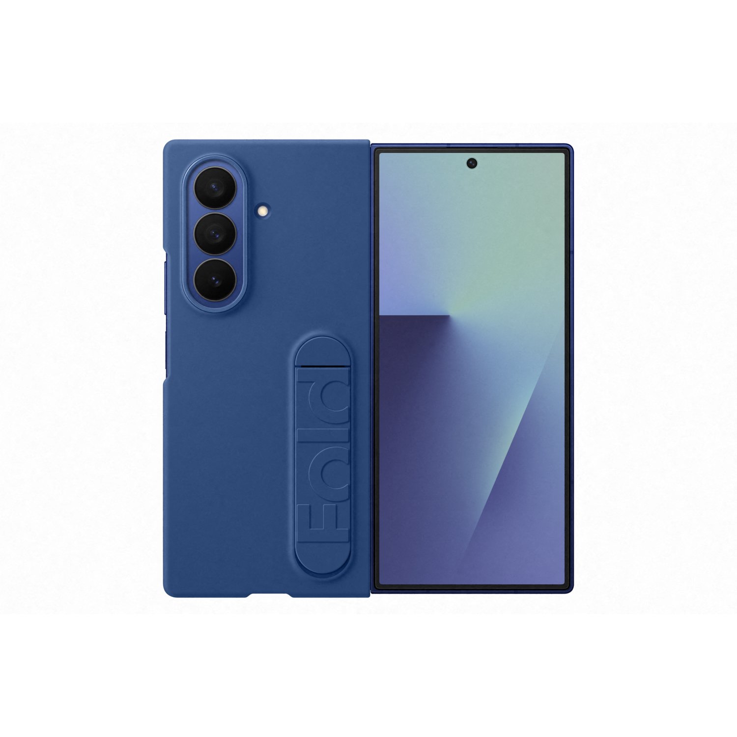Un étui de téléphone bleu avec trois objectifs d'appareil photo à gauche. L'écran du téléphone à droite affiche un dégradé.