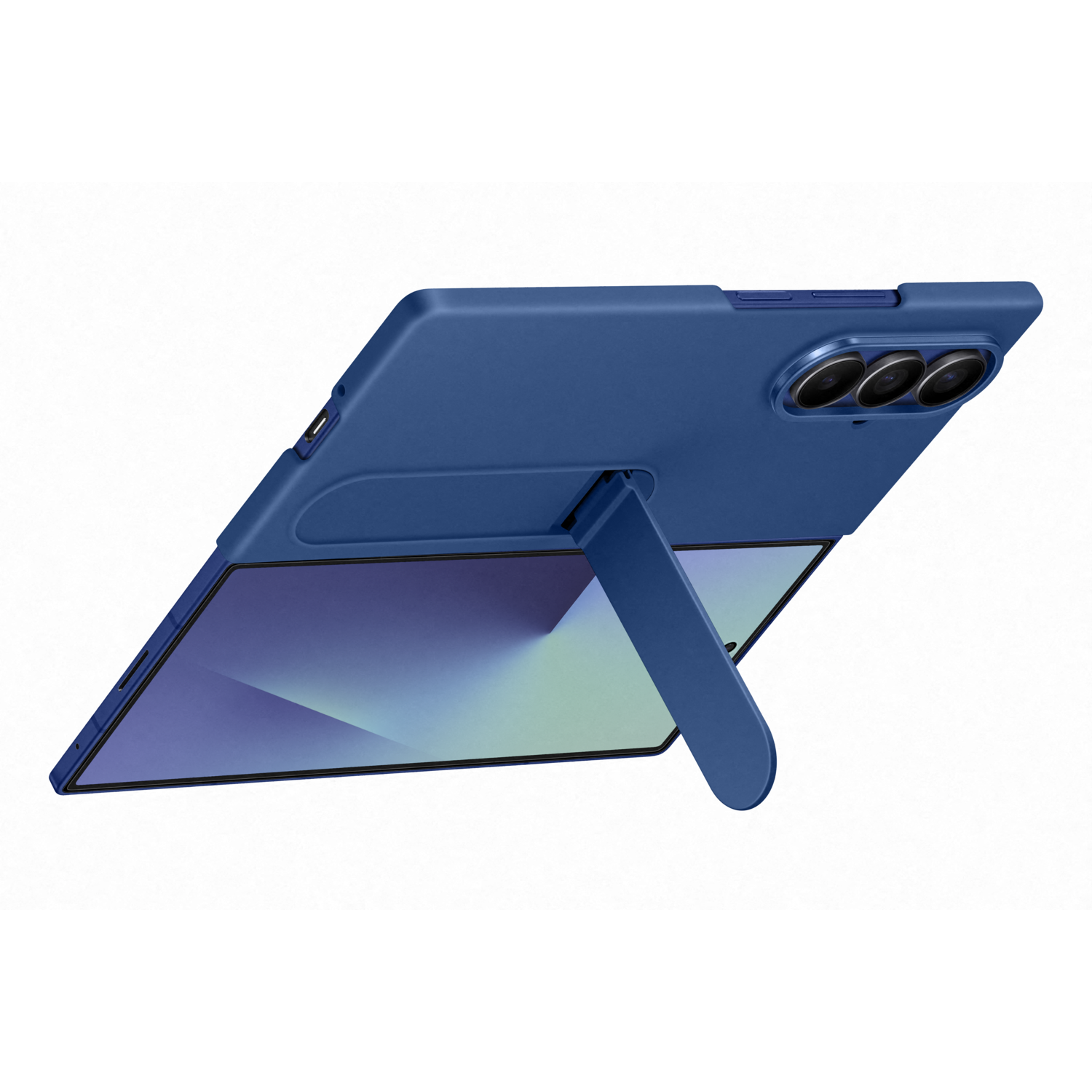 Une tablette bleue avec un support intégré est inclinée, révélant l'écran. Trois lentilles de caméra sont visibles. Le fond est blanc.