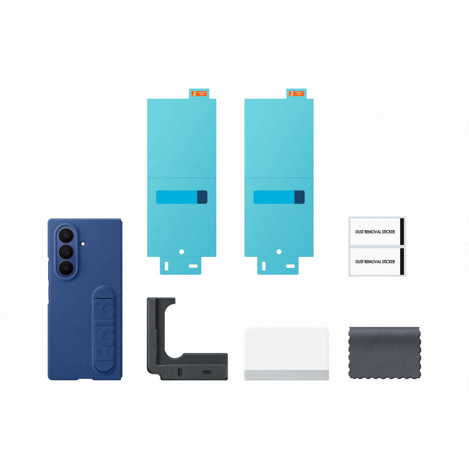 Une coque de téléphone bleue, deux protecteurs d'écran bleus, un support en forme de L gris foncé et des accessoires de nettoyage sur fond blanc.