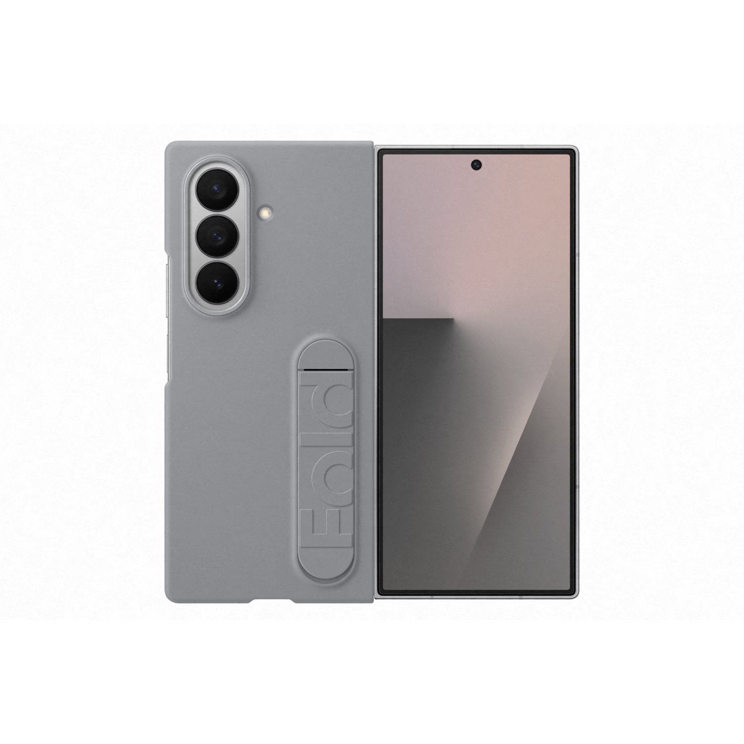 Un smartphone pliable gris est affiché ouvert. La partie pliée comporte des caméras, la partie ouverte affiche un écran.