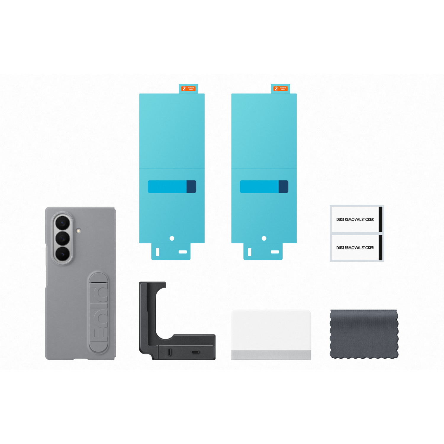 Un étui de téléphone gris, deux protecteurs d'écran bleus, des autocollants anti-poussière, un support de charge, une raclette blanche et un chiffon gris.