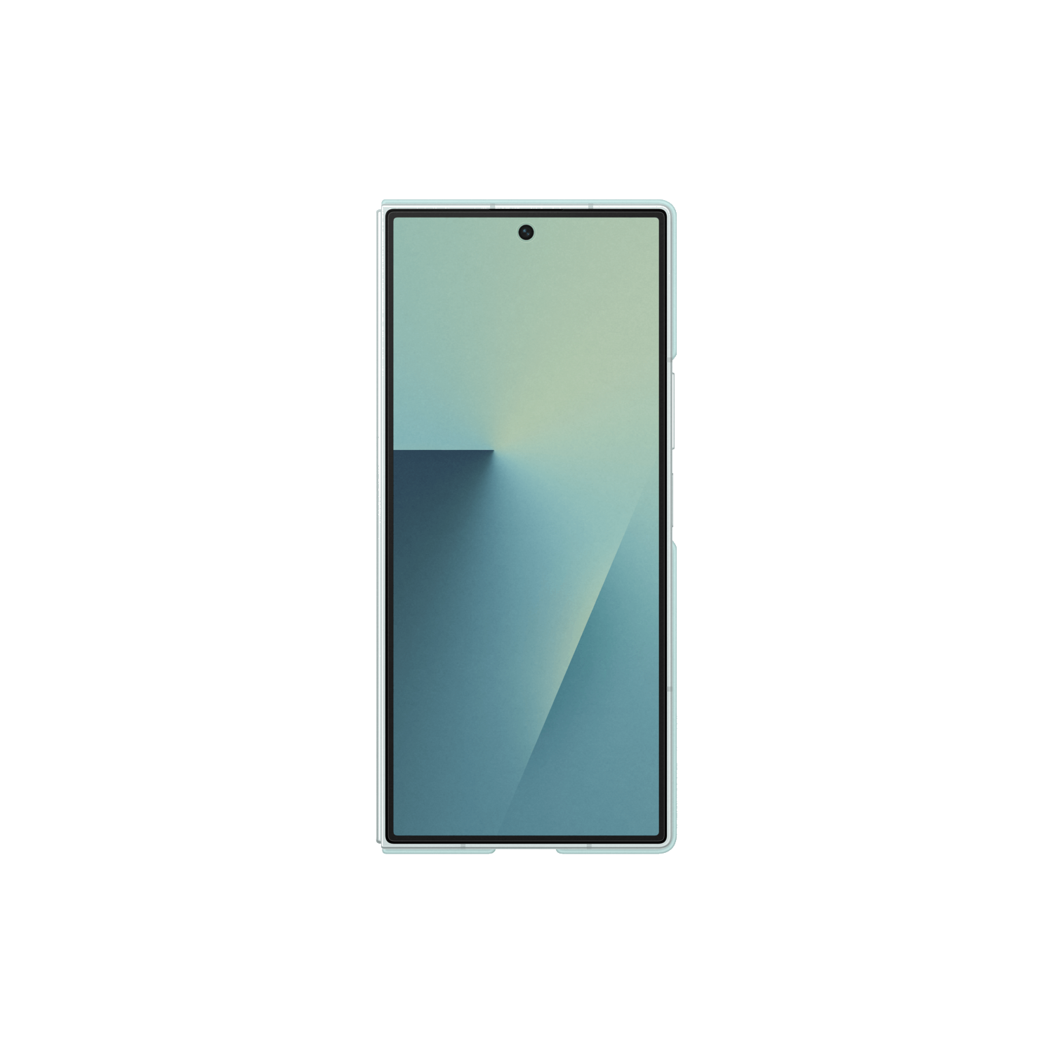 Un smartphone avec un écran dégradé bleu et vert. Le téléphone est centré sur un fond noir.