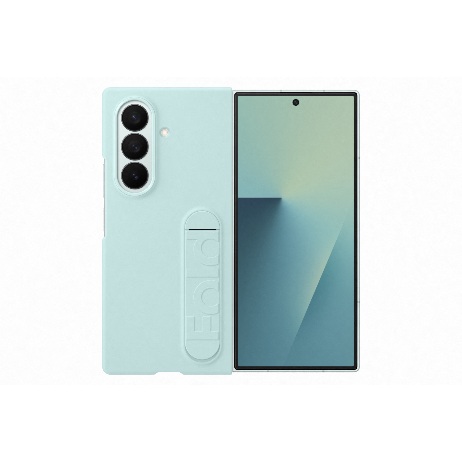 Un téléphone pliable bleu clair est affiché. Le téléphone est ouvert, montrant un écran avec un dégradé. Le dos a trois caméras.