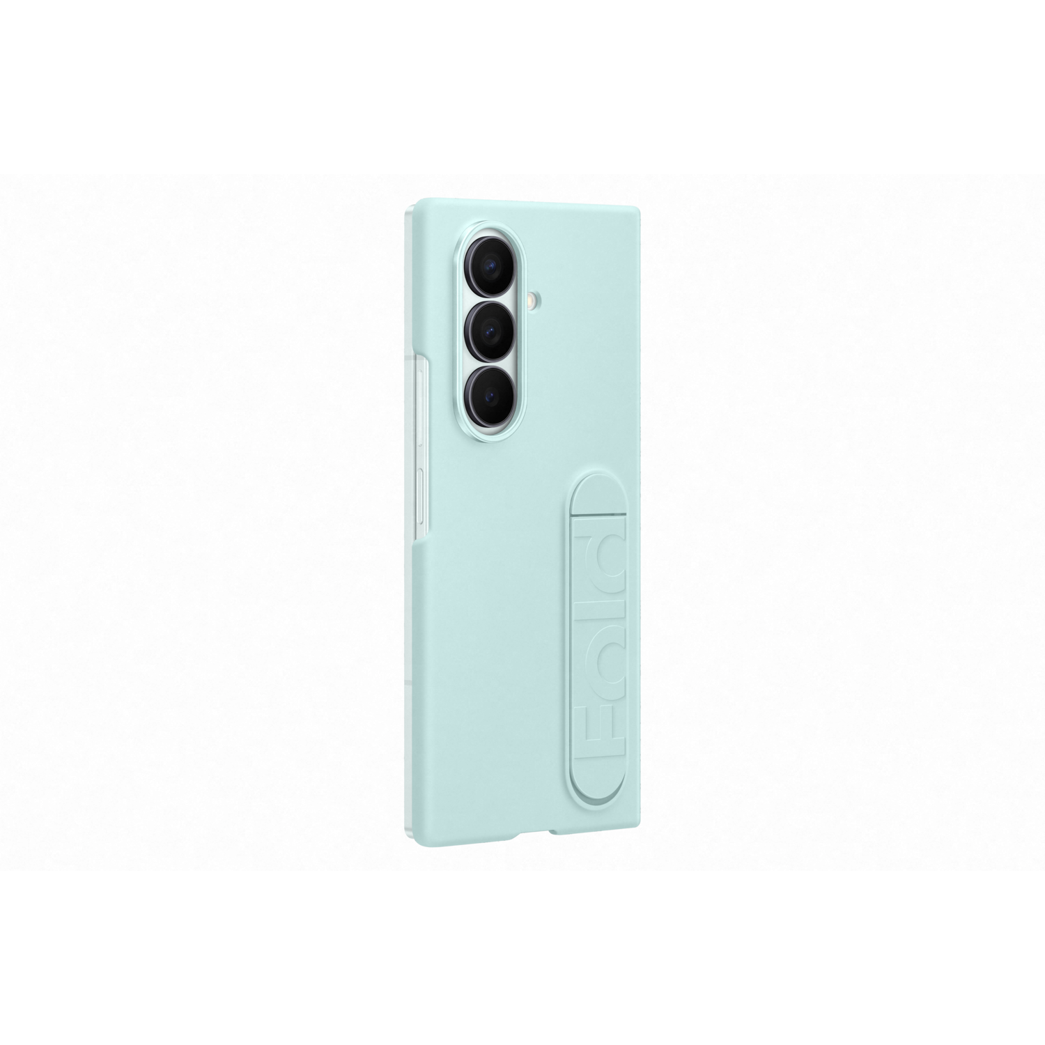 Une coque de téléphone bleu clair avec un appareil photo et le mot FOLD. C'est sur fond blanc.
