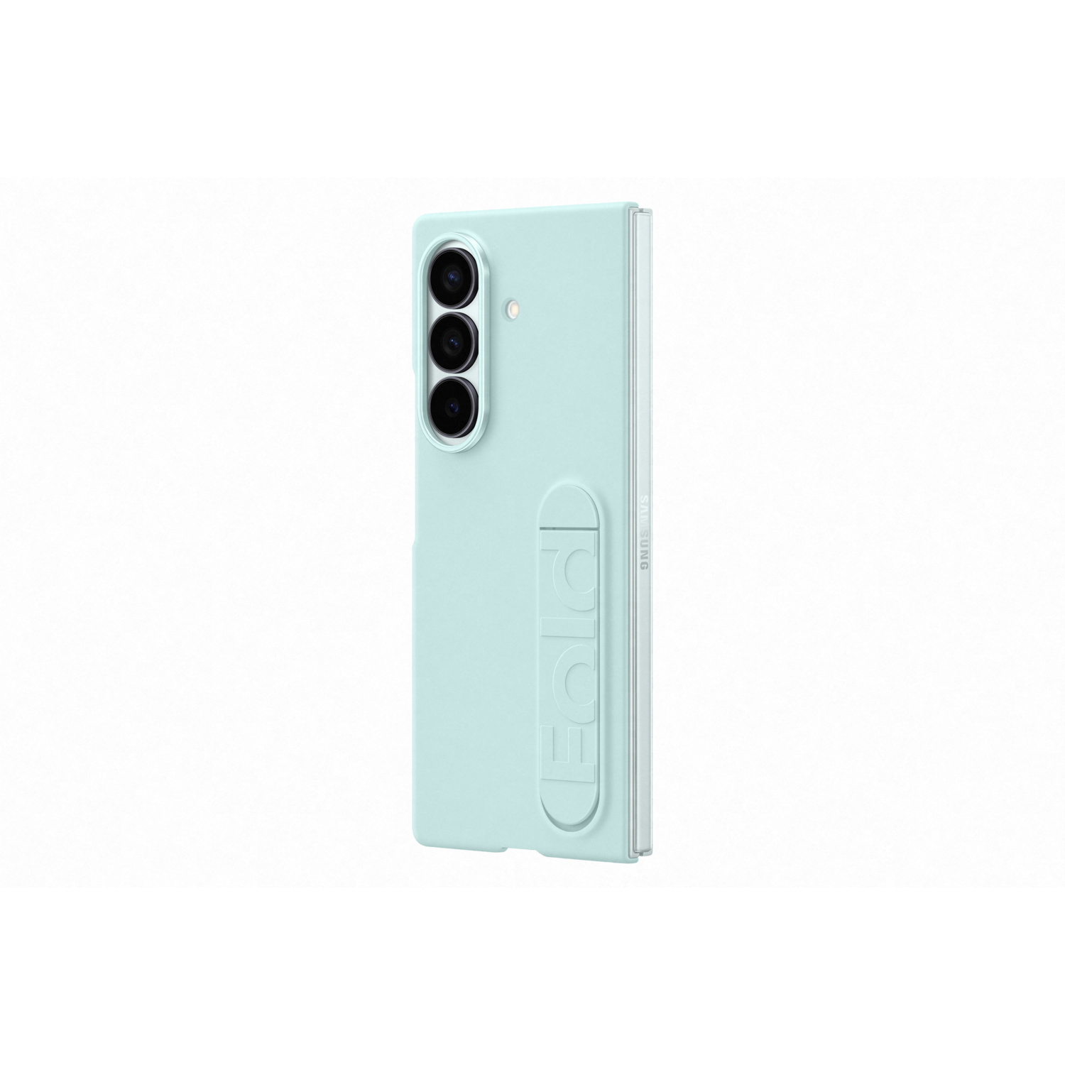 Une coque de téléphone Samsung bleu clair est montrée. Elle porte le mot "FOLD" et un module caméra avec trois lentilles.