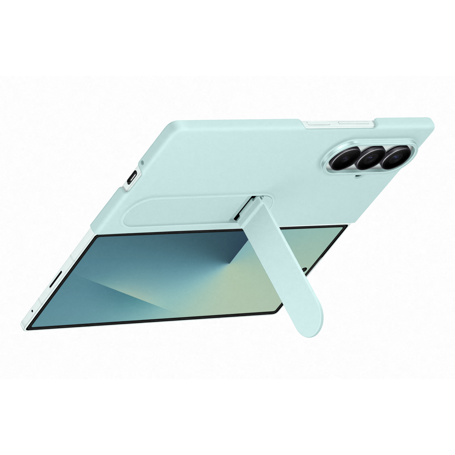 Une tablette bleu clair avec un support est affichée. L'écran affiche un dégradé de vert et de bleu. La tablette possède trois objectifs.