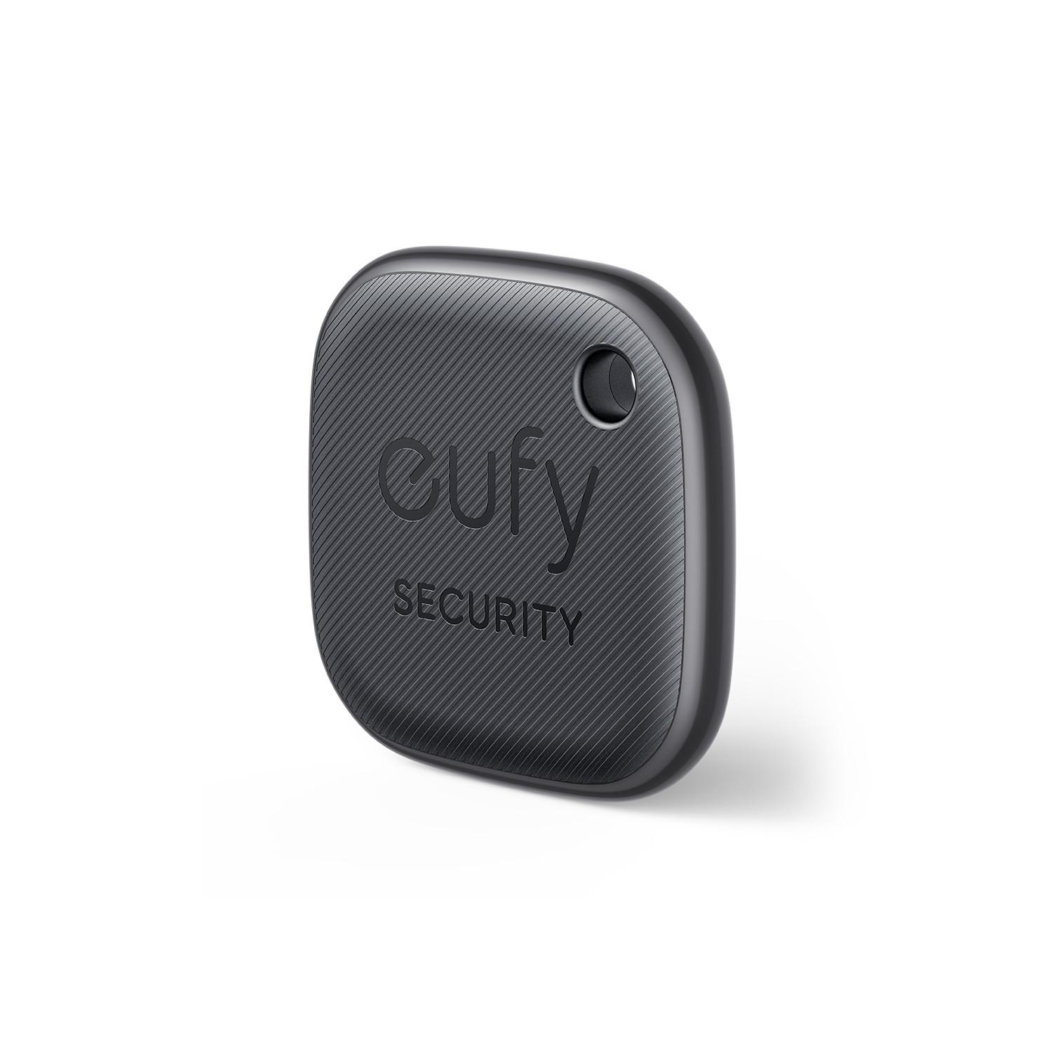 Ein dunkelgraues, abgerundetes quadratisches Sicherheitsgerät mit dem Wort 'eufy' und 'SECURITY'. Es hat ein kleines Loch oben.