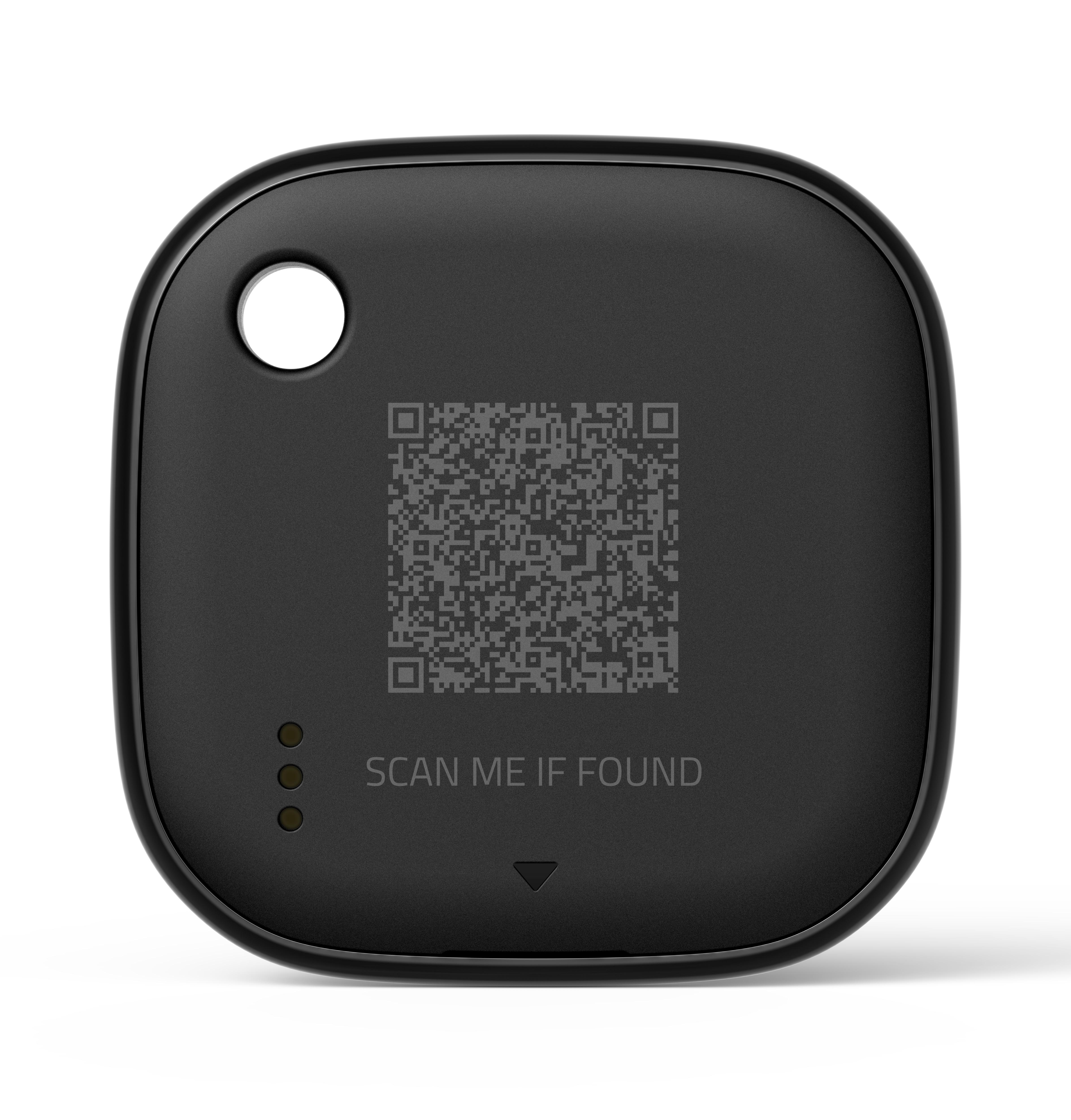 Schwarzer quadratischer Tracker mit abgerundeten Kanten, einem QR-Code und dem Text 'SCAN ME IF FOUND'. Er hat drei kleine Kreise.