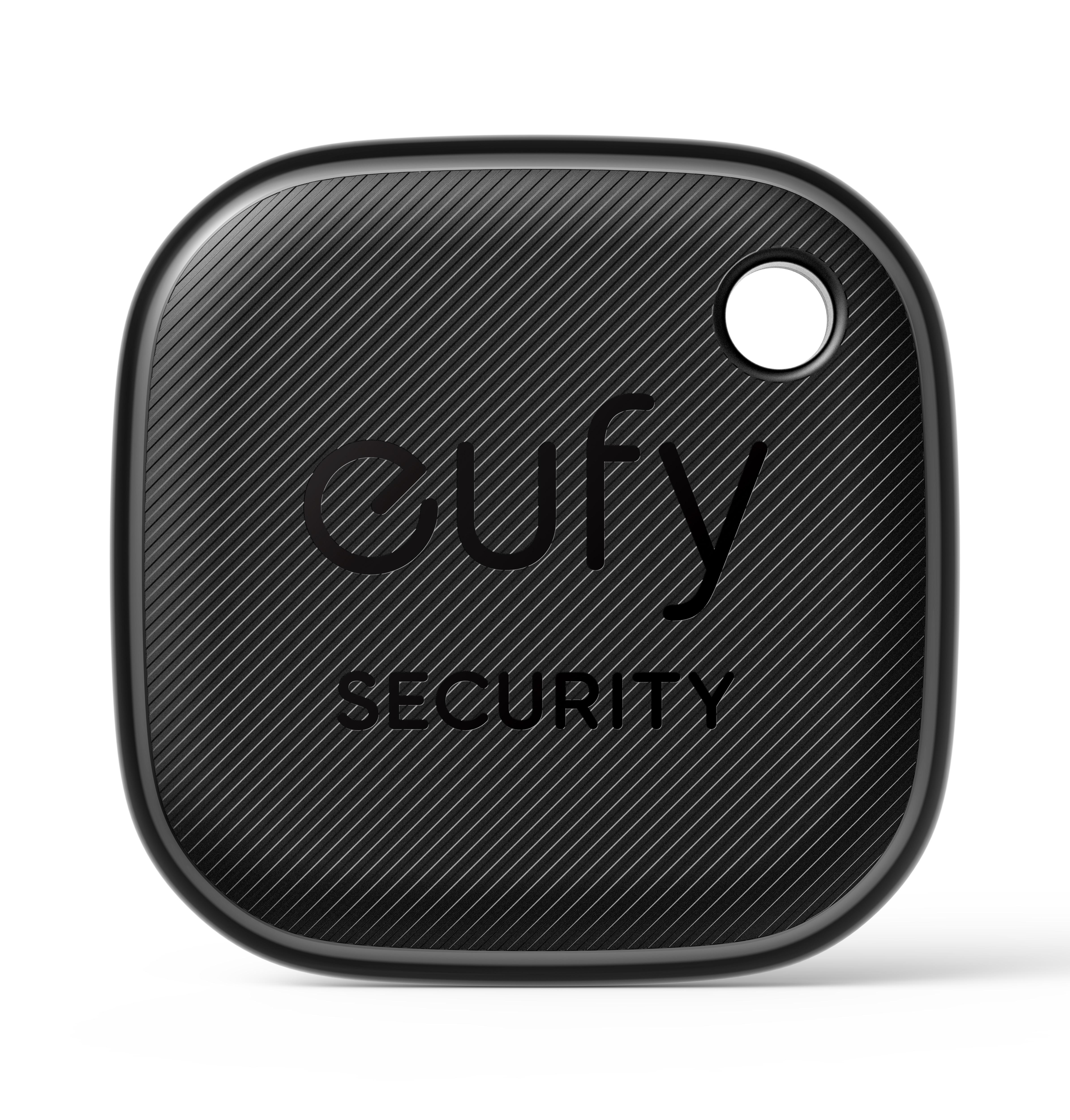 Ein schwarzer quadratischer Eufy Security Tracker. Es hat ein Loch für einen Schlüsselring und eine gemusterte Oberfläche.