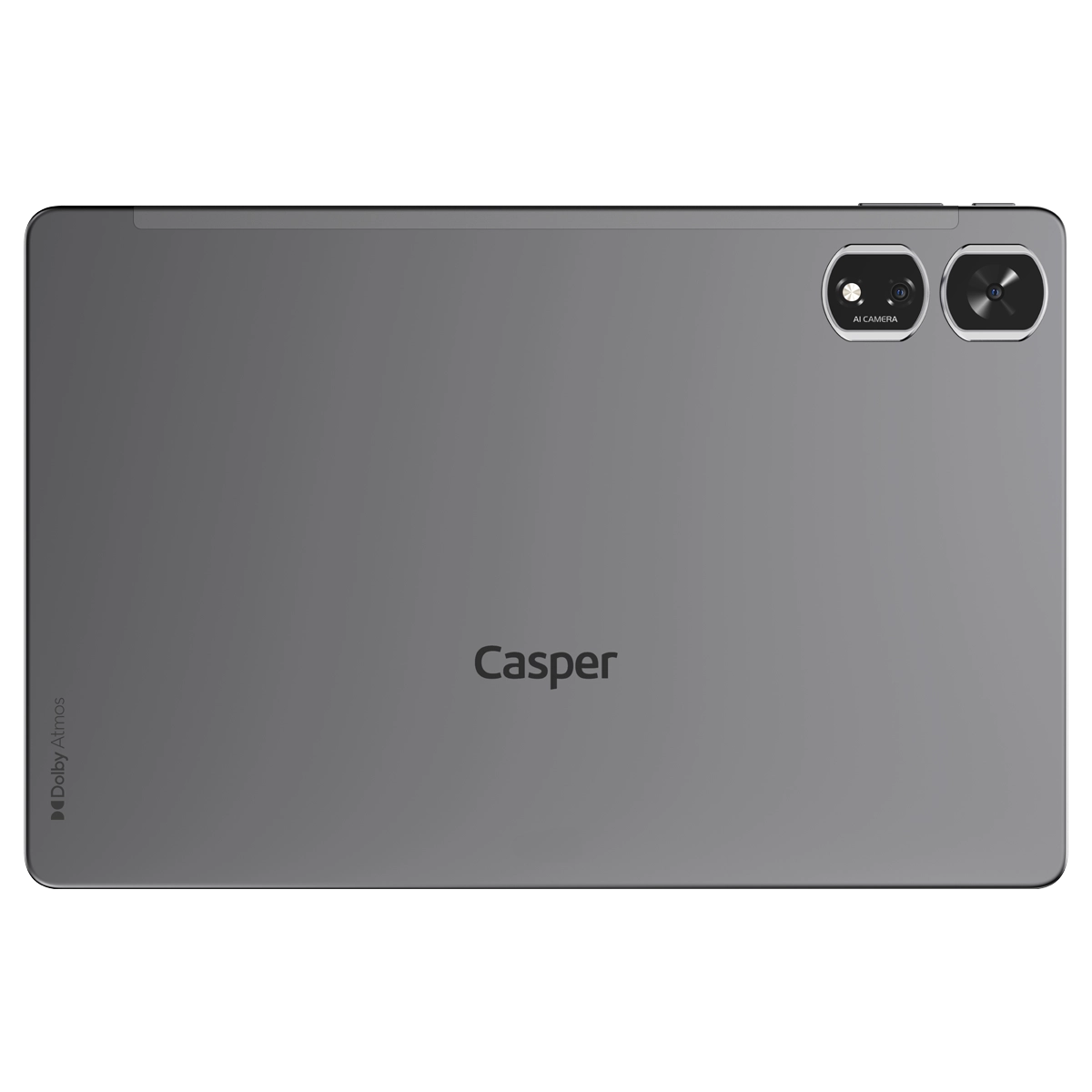 Gri Casper tabletin arkası. İki kamerası, "AI Camera" yazısı ve Casper logosu var. Dolby Atmos logosu yanda.