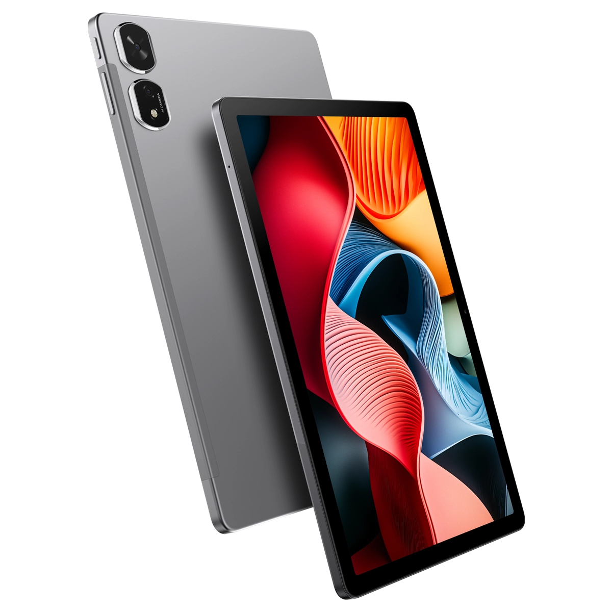 İki gri tablet. Biri eğik, kırmızı, turuncu ve maviden oluşan renkli soyut bir tasarım sergiliyor. Diğeri arkada.
