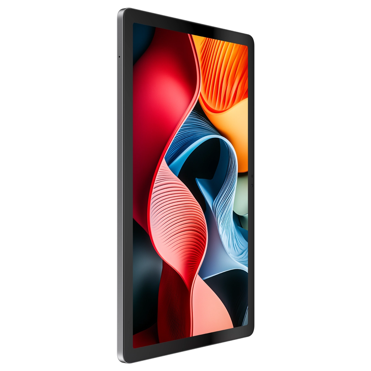 Bir tablet, beyaz bir arka plan üzerinde kırmızı, turuncu, mavi ve yeşil akan şekillerle soyut sanat sergiliyor.