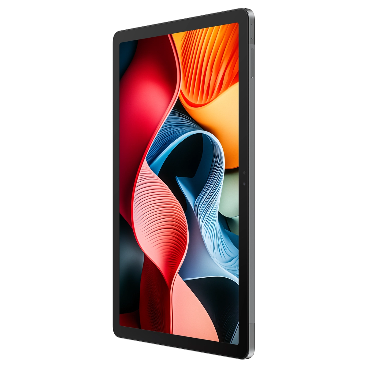 Kırmızı, turuncu, mavi ve beyaz dalgalı çizgilerden oluşan renkli soyut bir arka plana sahip bir tablet. Tablet gri renktedir.