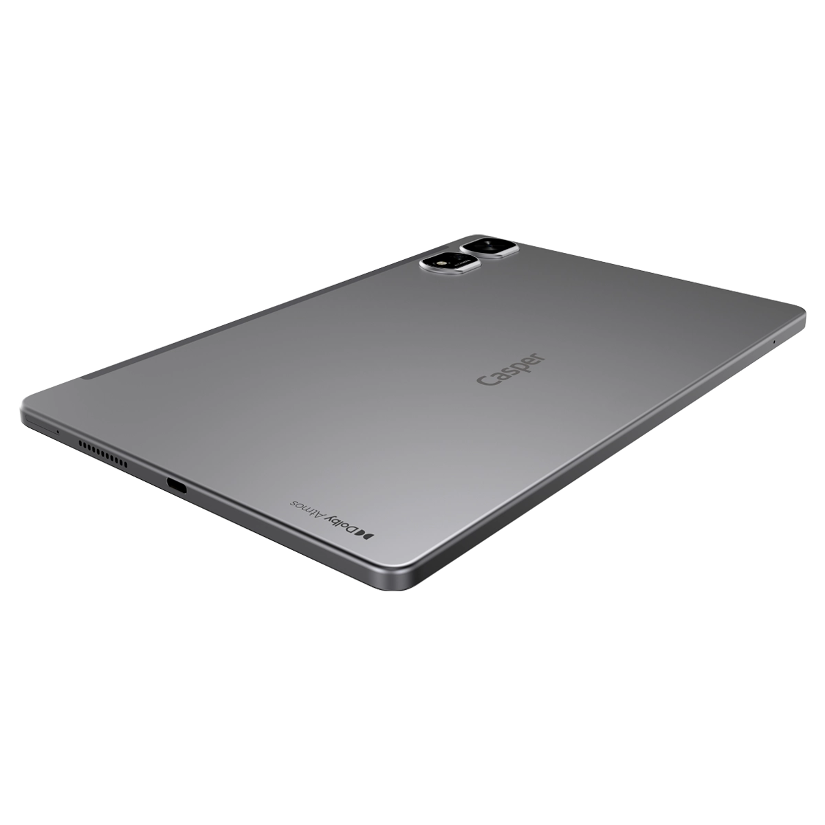 Gri bir Casper tablet, hafif açılı. İki kamerası, Dolby Atmos logosu ve bir şarj portu var.