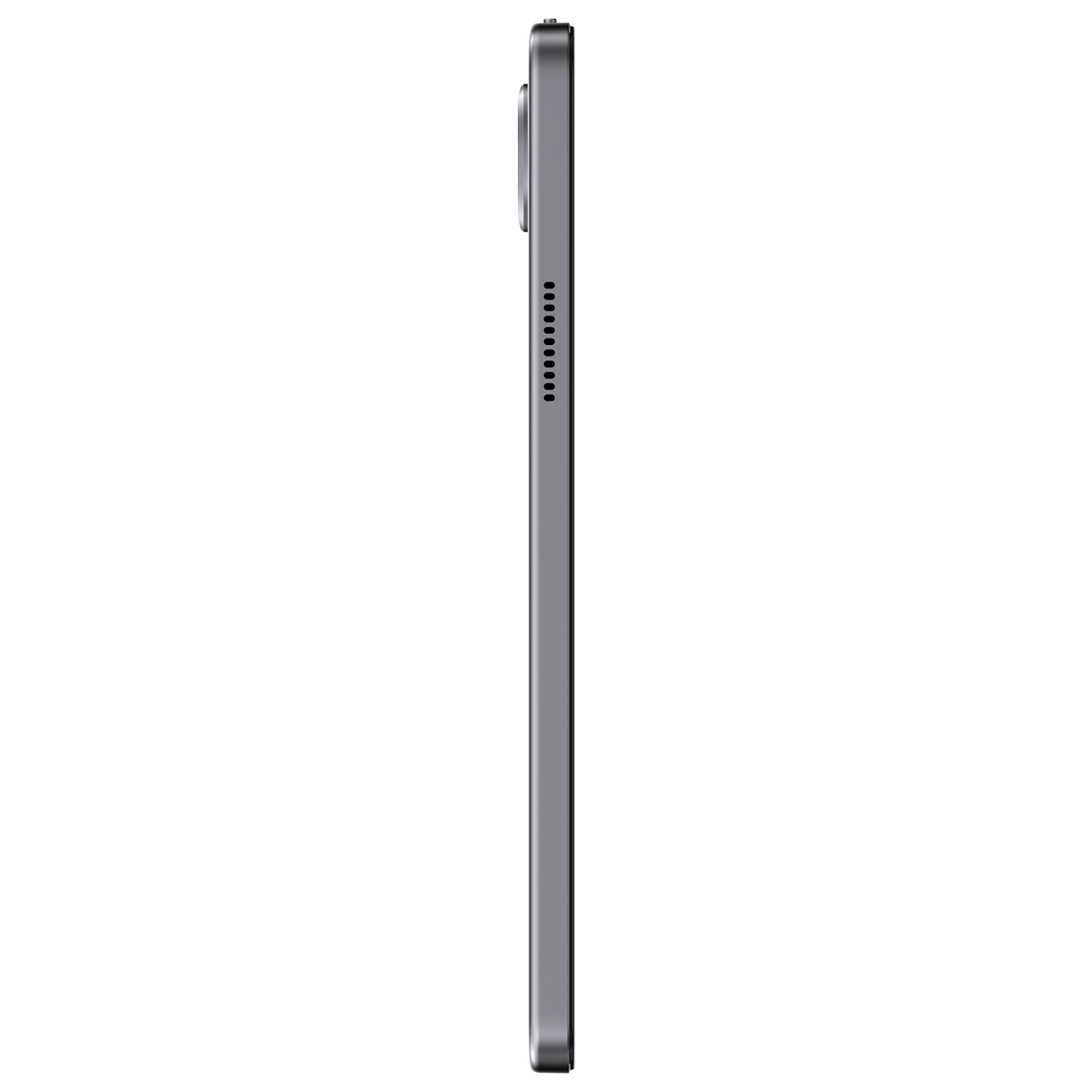 Gri bir tablet, yan görünüm, kamera merceği ve bir sıra hoparlör deliği ile. Tablet beyaz bir arka plan üzerinde.