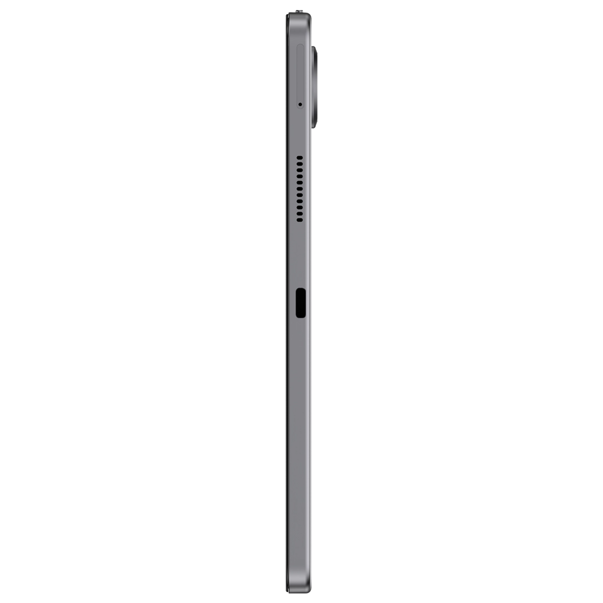 Gümüş bir tabletin yan görünümü. Tablette kamera, düğmeler ve bir USB-C bağlantı noktası var. Ekran açık gri.