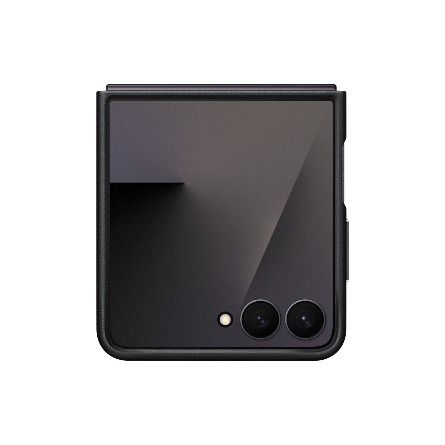 Een opgevouwen zwarte smartphone op een zwarte achtergrond. Het heeft dubbele camera's en een flitser. Het scherm is een paarse en grijze gradiënt.