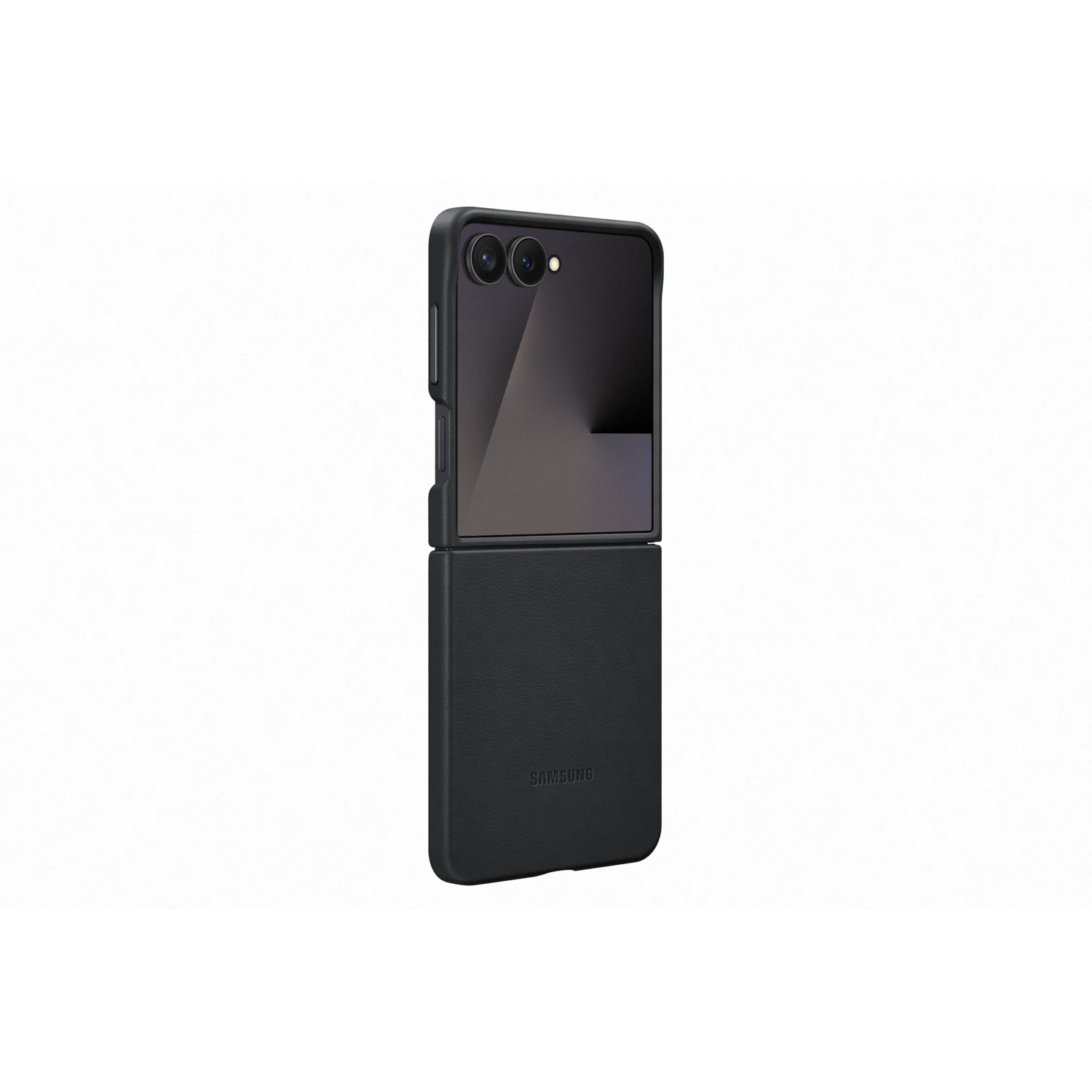 Zwarte Samsung Galaxy Z Flip-telefoon in een zwarte hoes, open. De telefoon staat op een witte achtergrond.