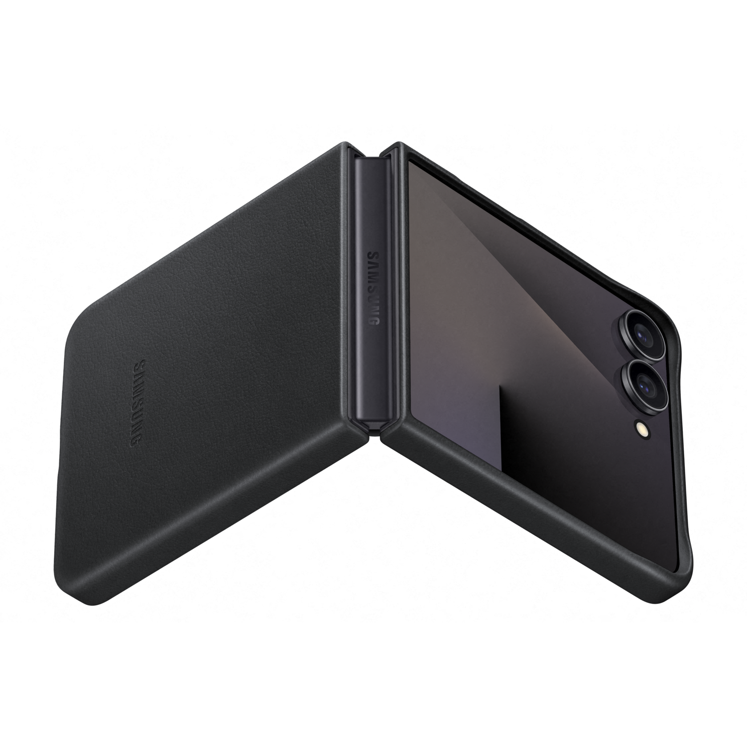 Een gedeeltelijk opengevouwen zwarte Samsung telefoon. De telefoon ligt op een wit oppervlak. Het scherm is zichtbaar met cameralenzen.