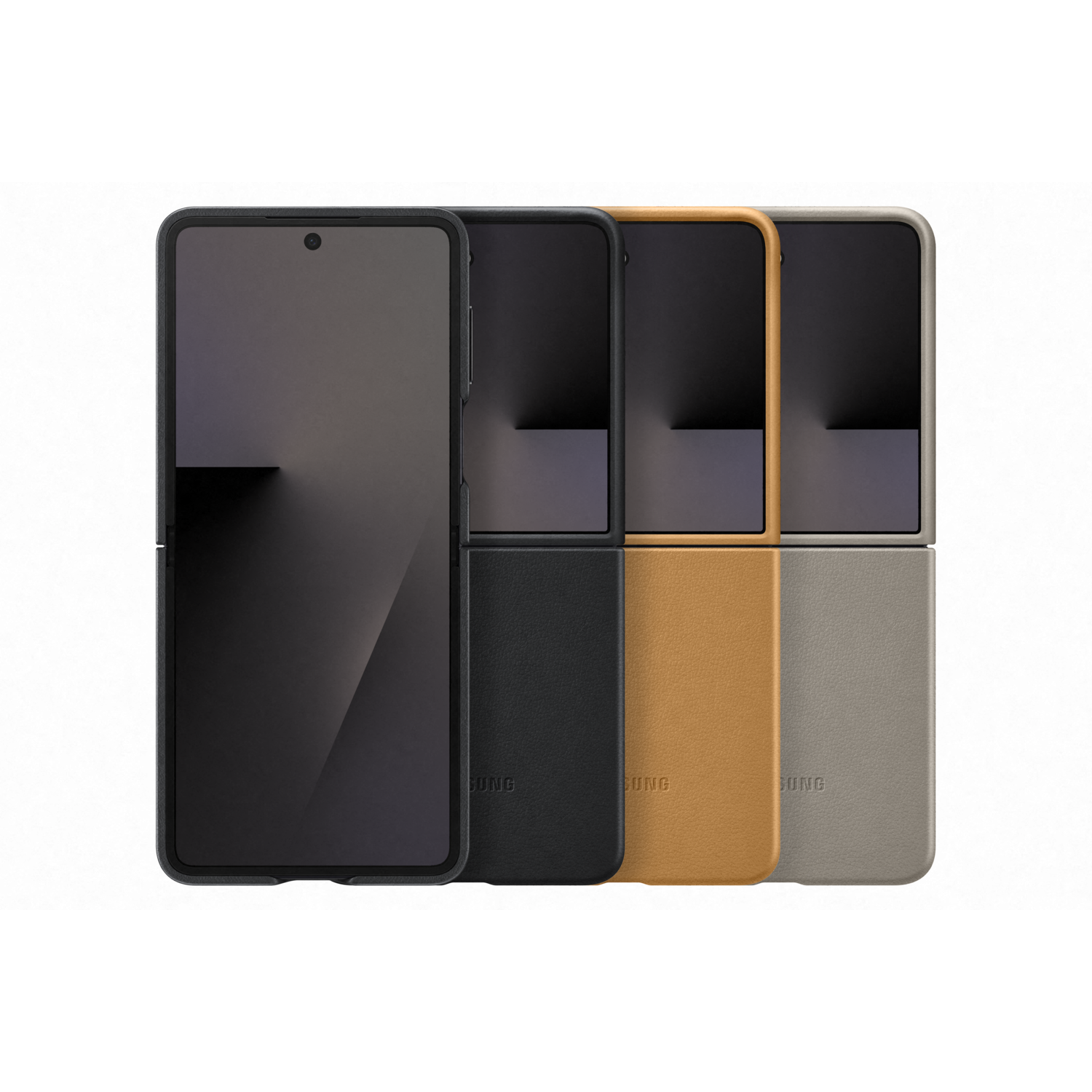 Vier opgevouwen smartphones in zwarte, bruine, bruin en grijze hoesjes. De schermen zijn donker.