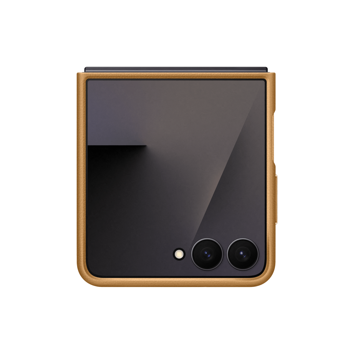 Opvouwbare smartphone, gesloten. Zwart scherm met twee camera's en een flitser. Gouden frame en zwarte achtergrond.
