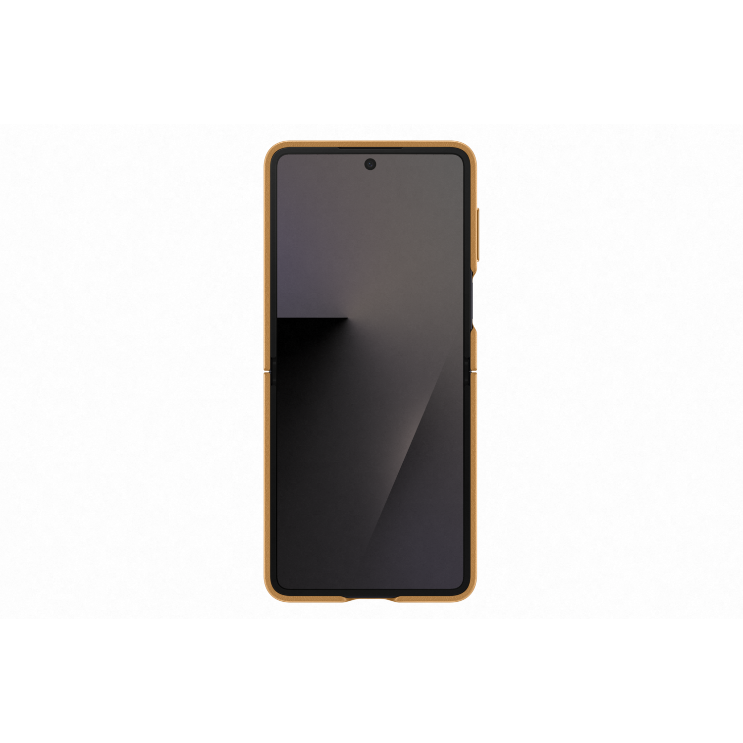 Een smartphone met een goudkleurige hoes is gecentreerd. Het scherm is donker en de achtergrond is wit met een zwarte rand.