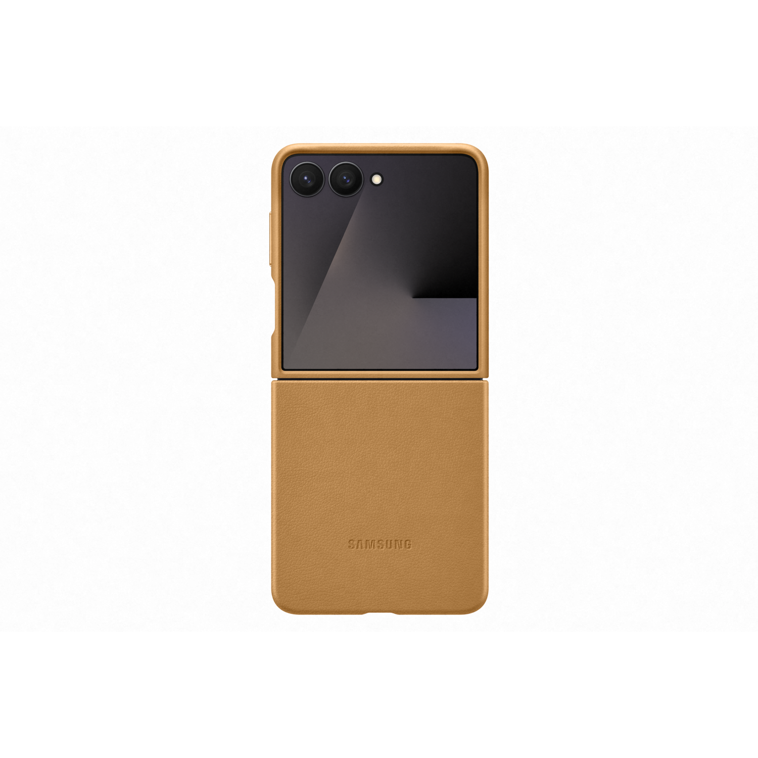 Een lichtbruine, open Samsung-telefoon met een leren hoesje. De telefoon staat op een witte achtergrond. Het Samsung-logo is zichtbaar.